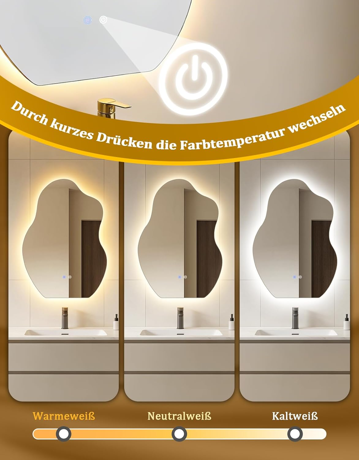 Specchio da bagno con impostazioni di luce bianco caldo, neutro e freddo.