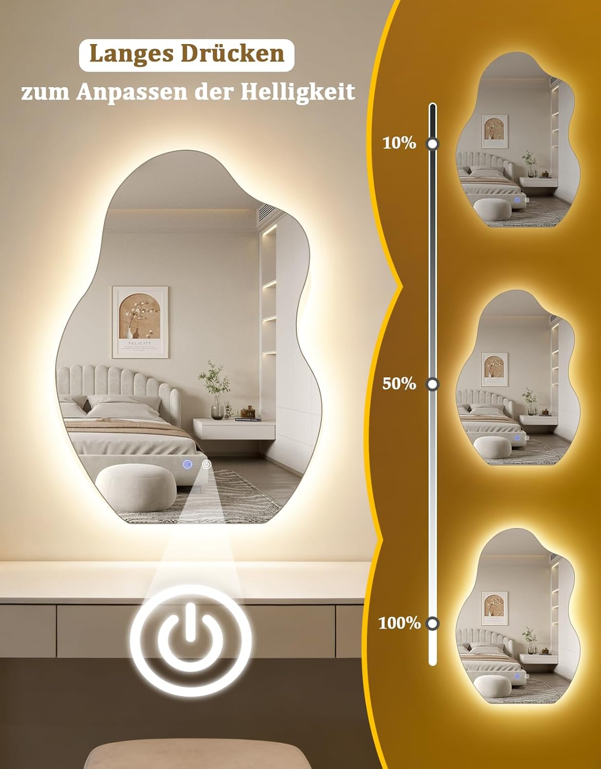 Uno specchio retroilluminato mostra una camera da letto. Luminosità regolabile.