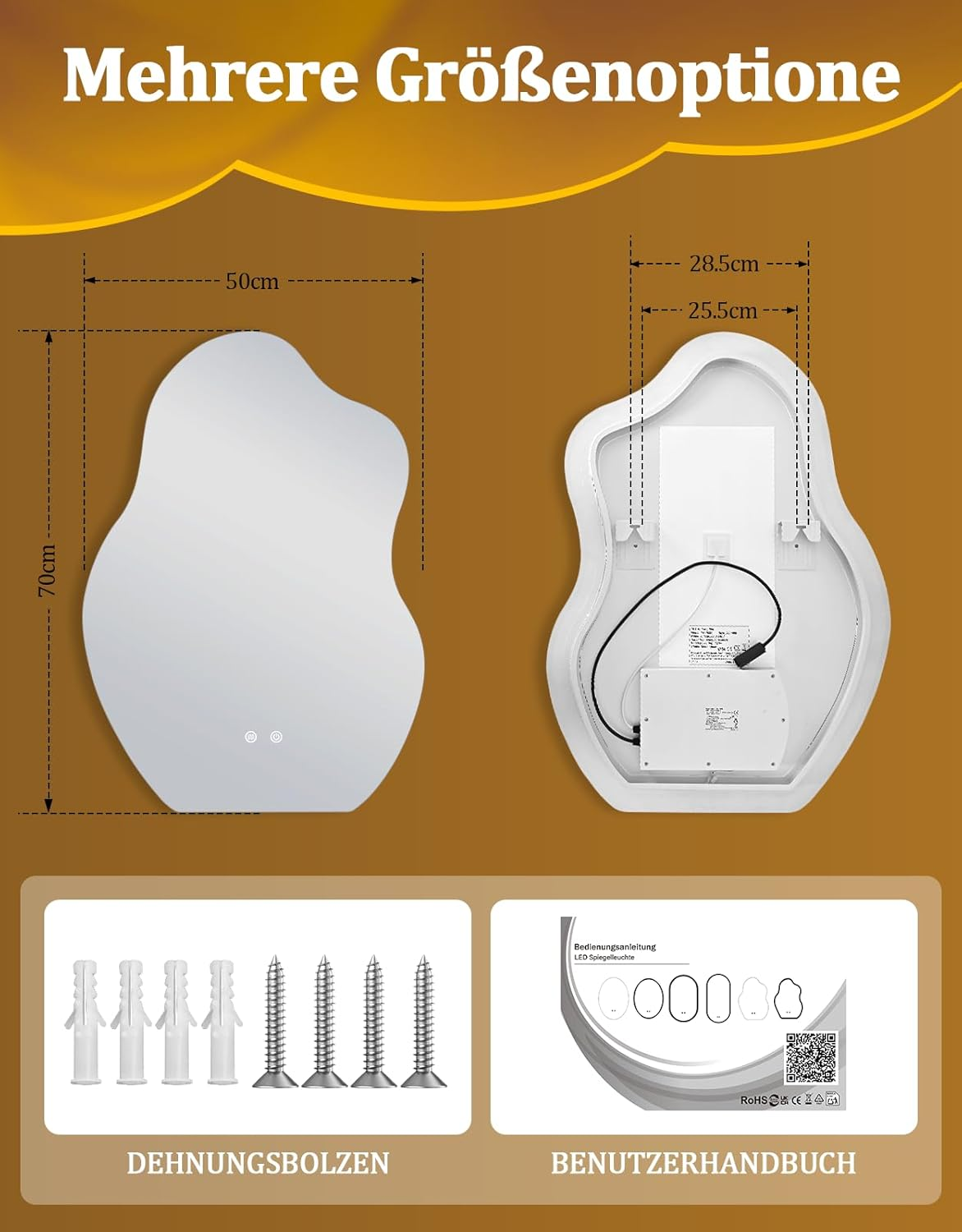 Specchio 70x50cm e 28.5x25.5cm, accessori e manuale.