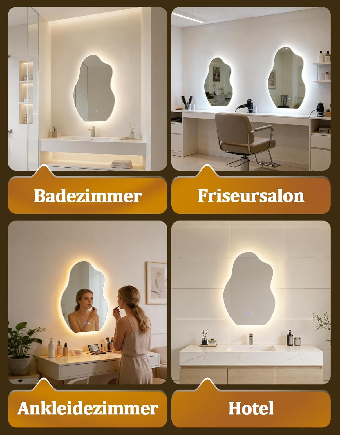 Quattro scene con specchi illuminati: bagno, salone, spogliatoio, hotel.