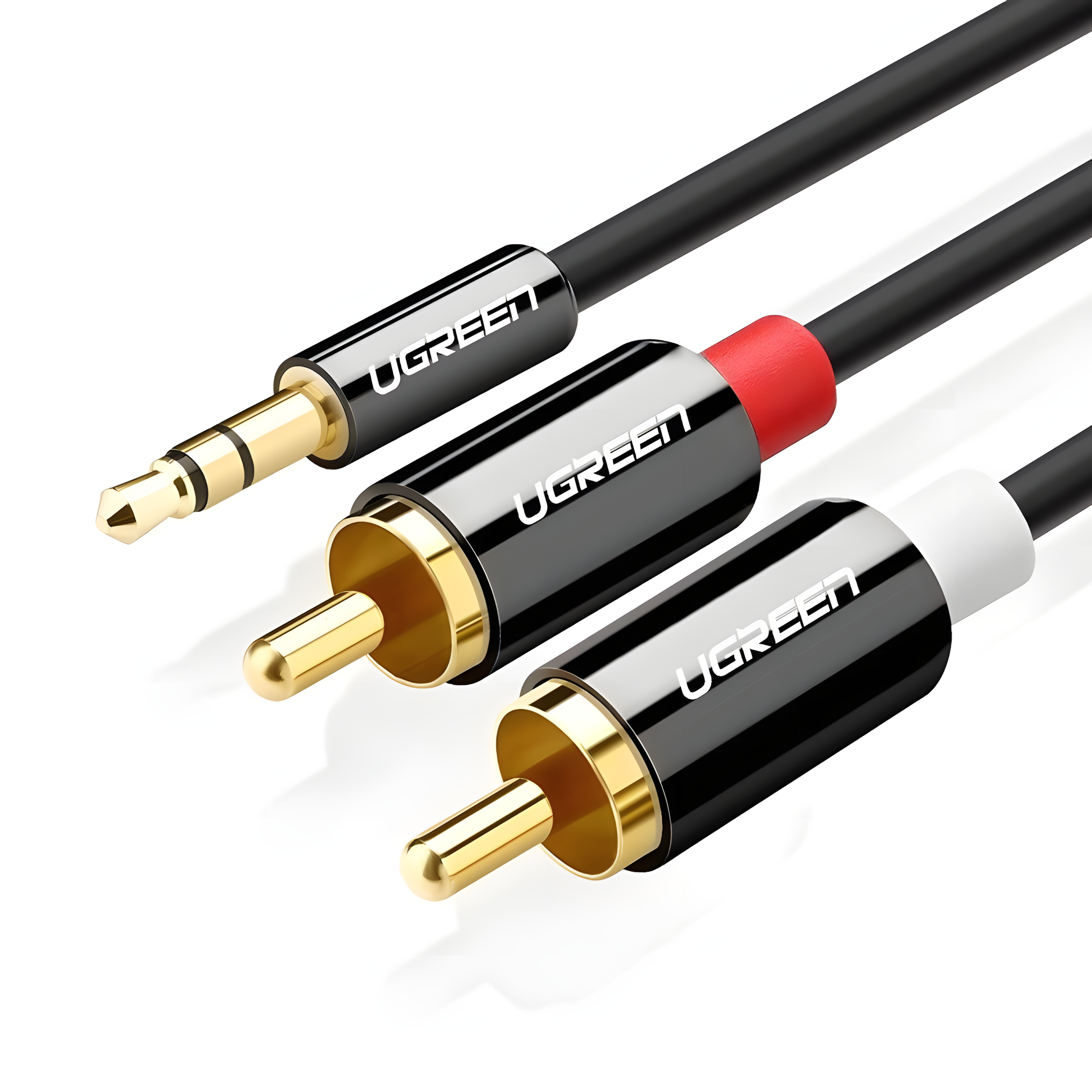 Kabel audio UGREEN z wtyczką 3,5 mm i dwoma złączami RCA.