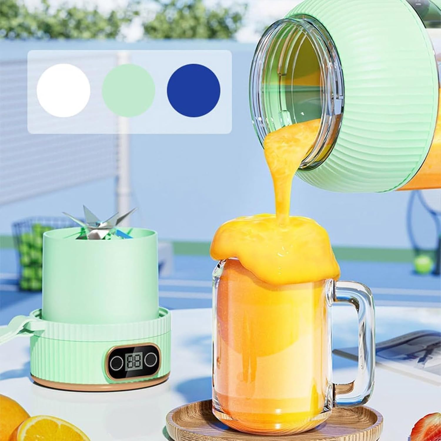 Ein grüner Mixer gießt orangen Saft in ein Glas. Farboptionen werden angezeigt.