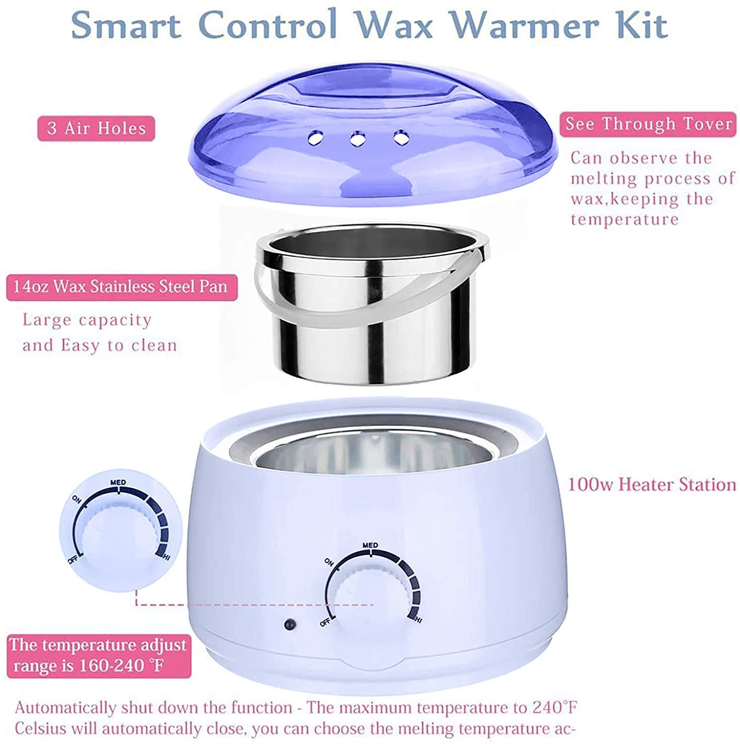 Ein weißes Smart Control Wachswärmer-Kit mit durchsichtigem Deckel, Edelstahlwanne und Temperatureinstellung.