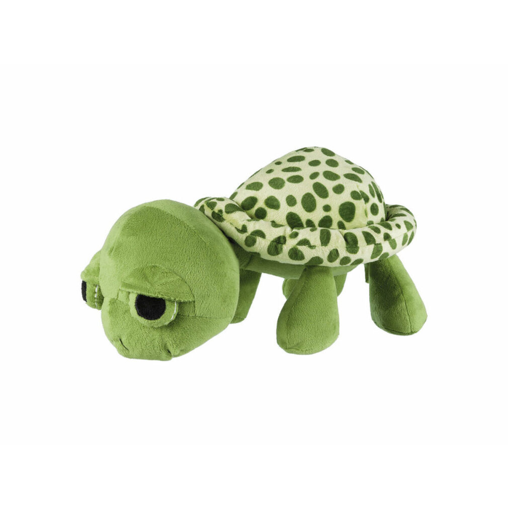 Una tartaruga di peluche verde con macchie scure sul guscio.
