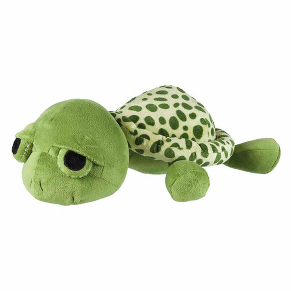 Un peluche tartaruga verde con macchie verde chiaro sul carapace.