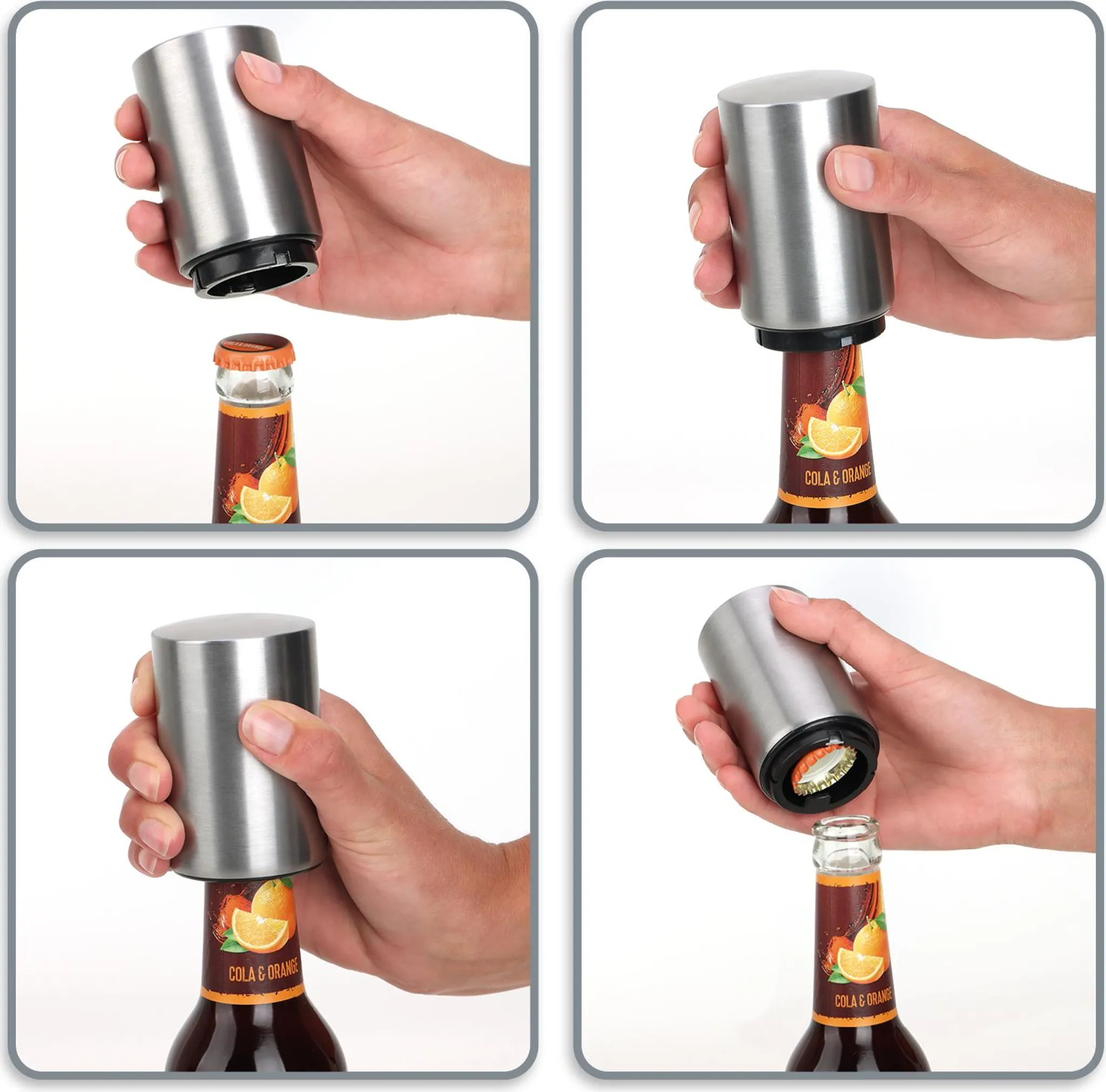 Ein silberner Flaschenöffner wird auf eine Cola-Flasche mit Orangengeschmack gesetzt.