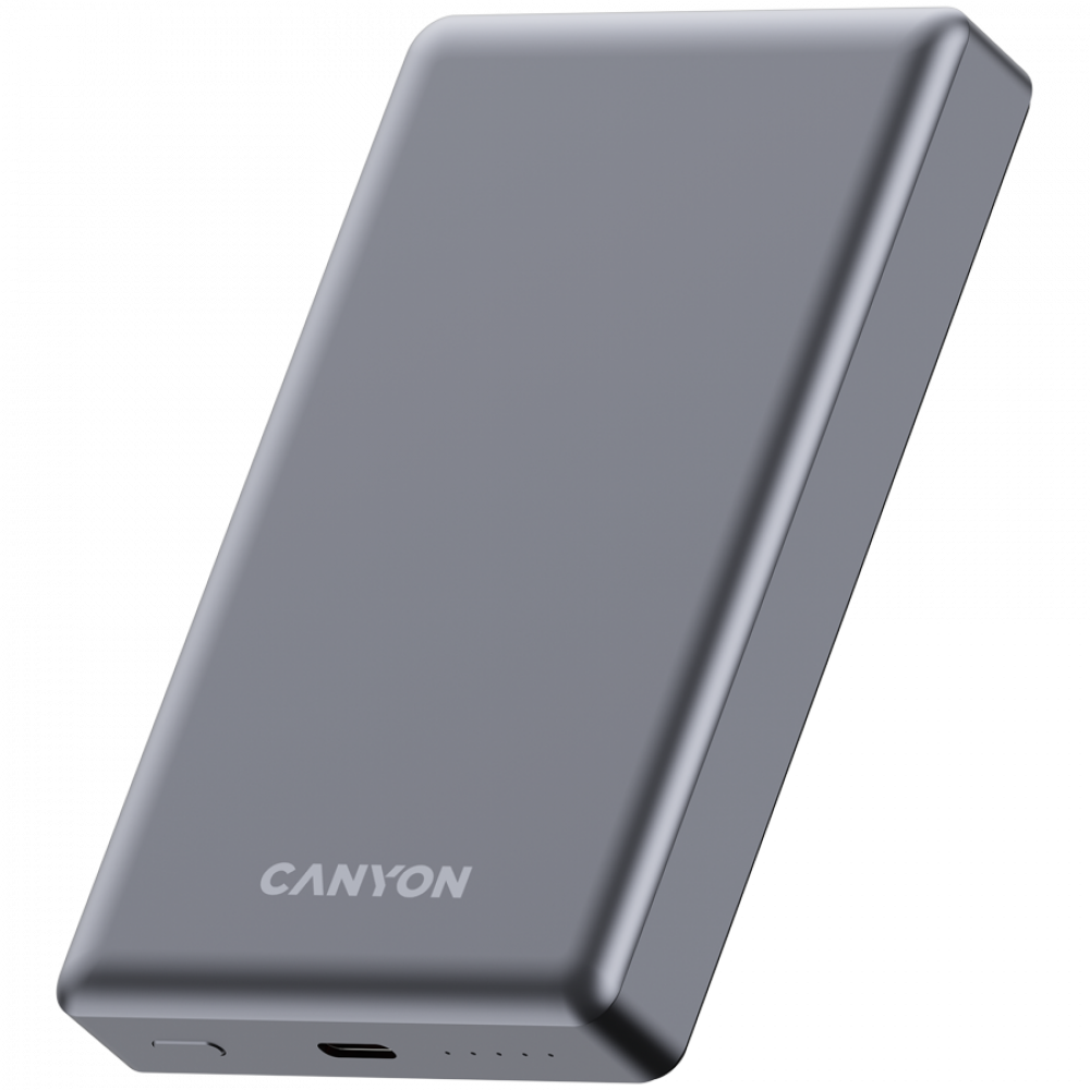 Szary power bank Canyon z portem USB-C i wskaźnikami ładowania.
