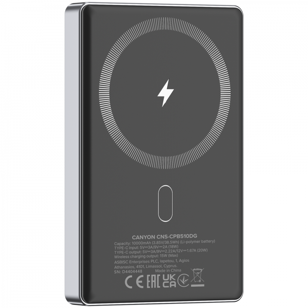Szary power bank Canyon z symbolem błyskawicy i wskaźnikiem.