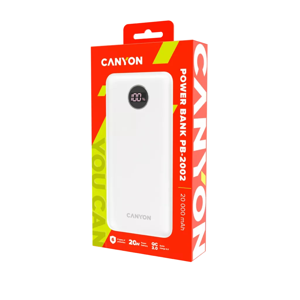 Biały power bank Canyon PB-2002, 20 000 mAh, na czerwonym opakowaniu.