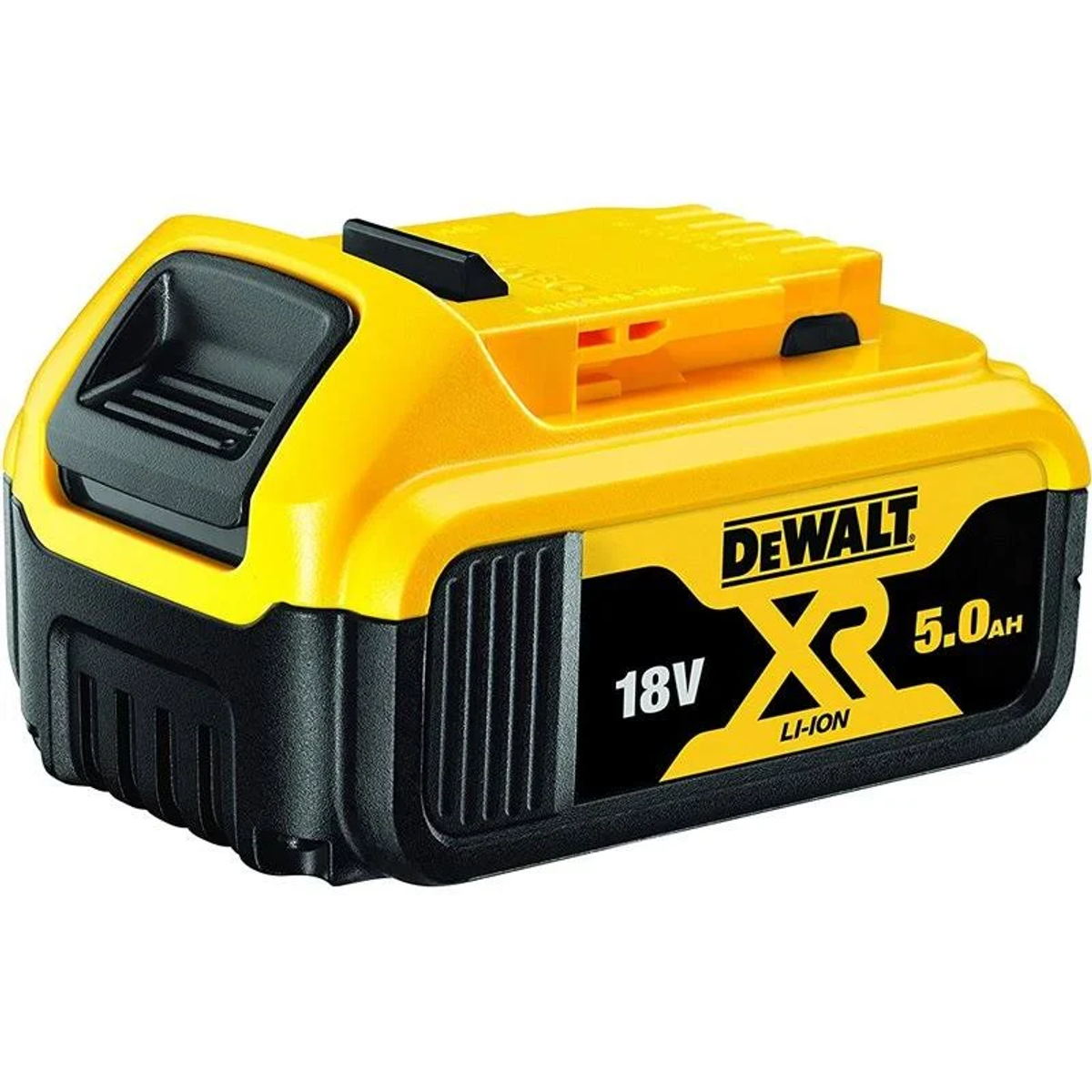 Żółto-czarny akumulator DeWalt 18V 5.0Ah XR Li-Ion z zatrzaskiem.
