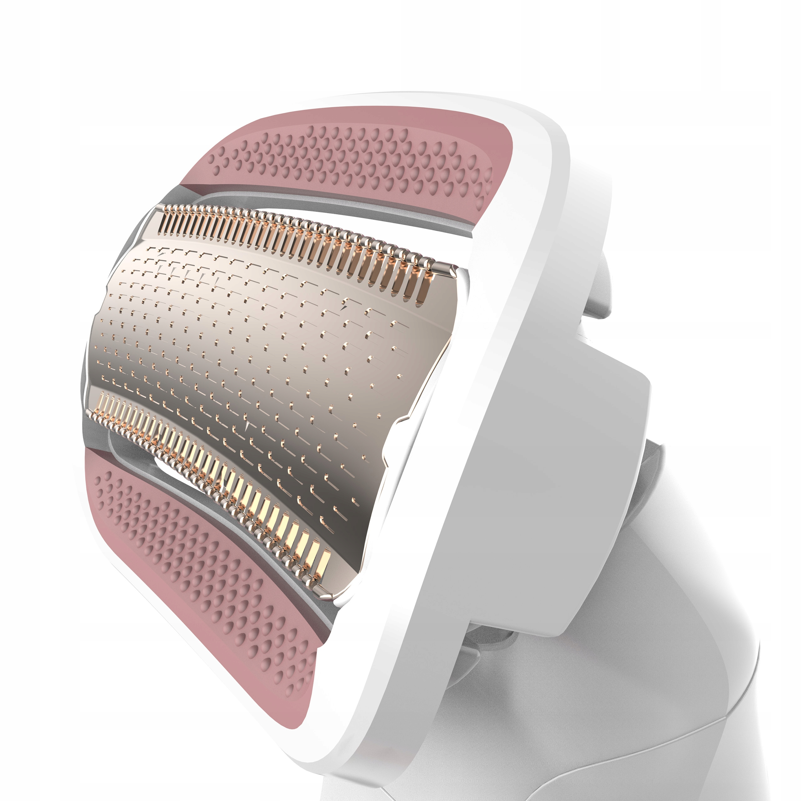 Zbliżenie głowicy depilatora z różowym uchwytem i metalowymi pęsetami.