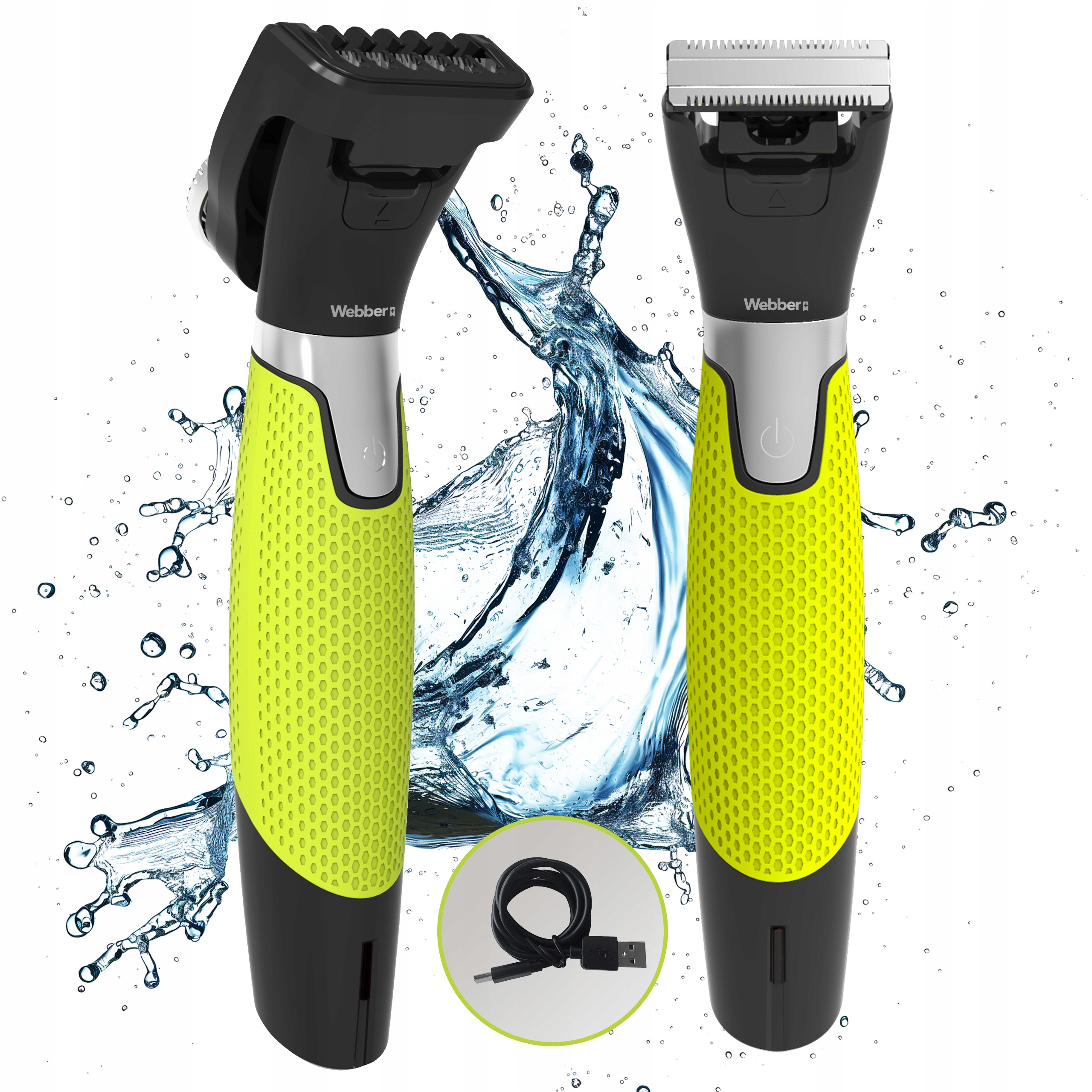 Dwa czarne i neonowożółte trymerki z rozpryskami wody i kablem.