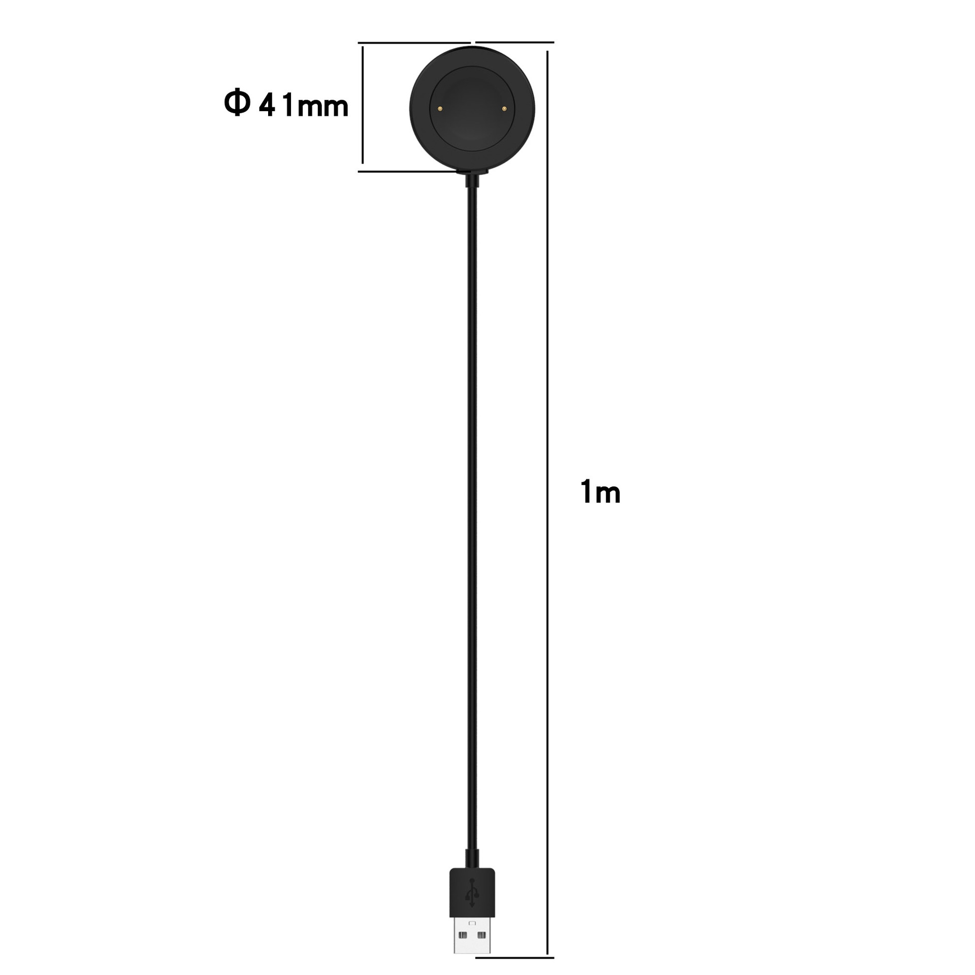 Schwarzes Ladekabel mit USB-Anschluss und einem 41mm runden Stecker.