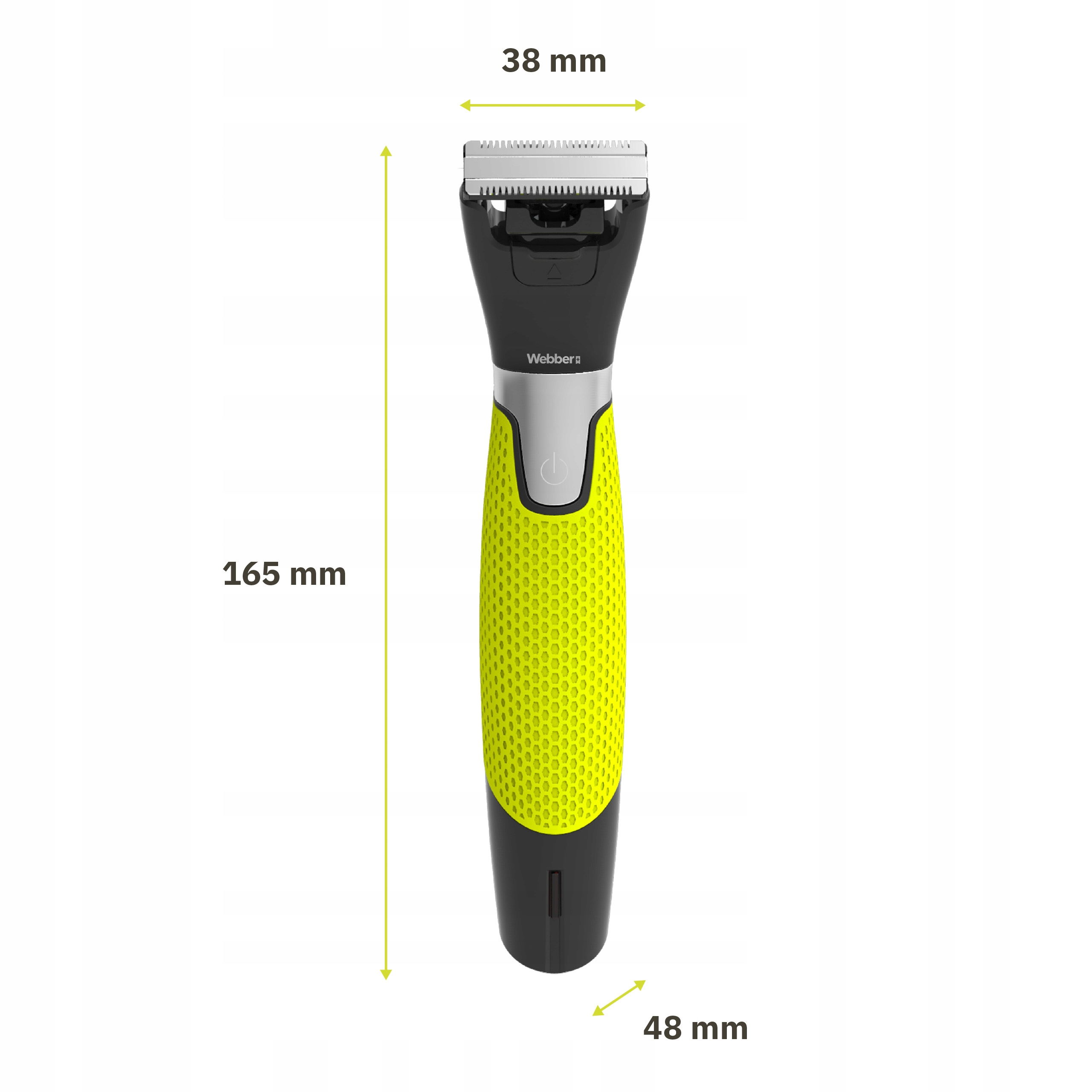 Trymer elektryczny z żółtym teksturowanym uchwytem i srebrnymi akcentami.