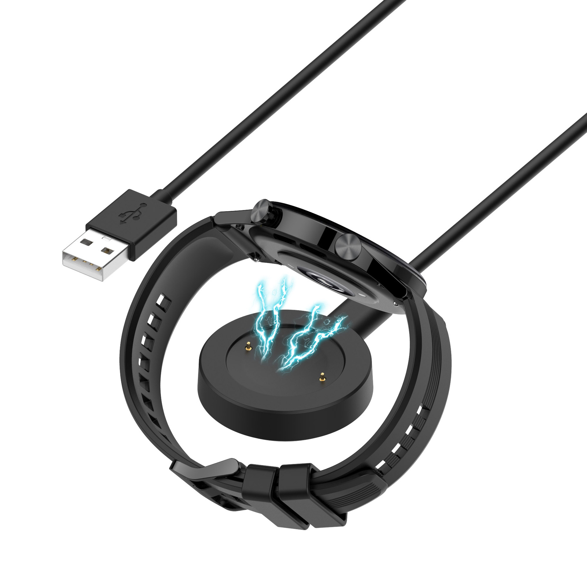 Ein schwarzes Smartwatch-Ladekabel mit USB-Stecker und Ladekontakten.