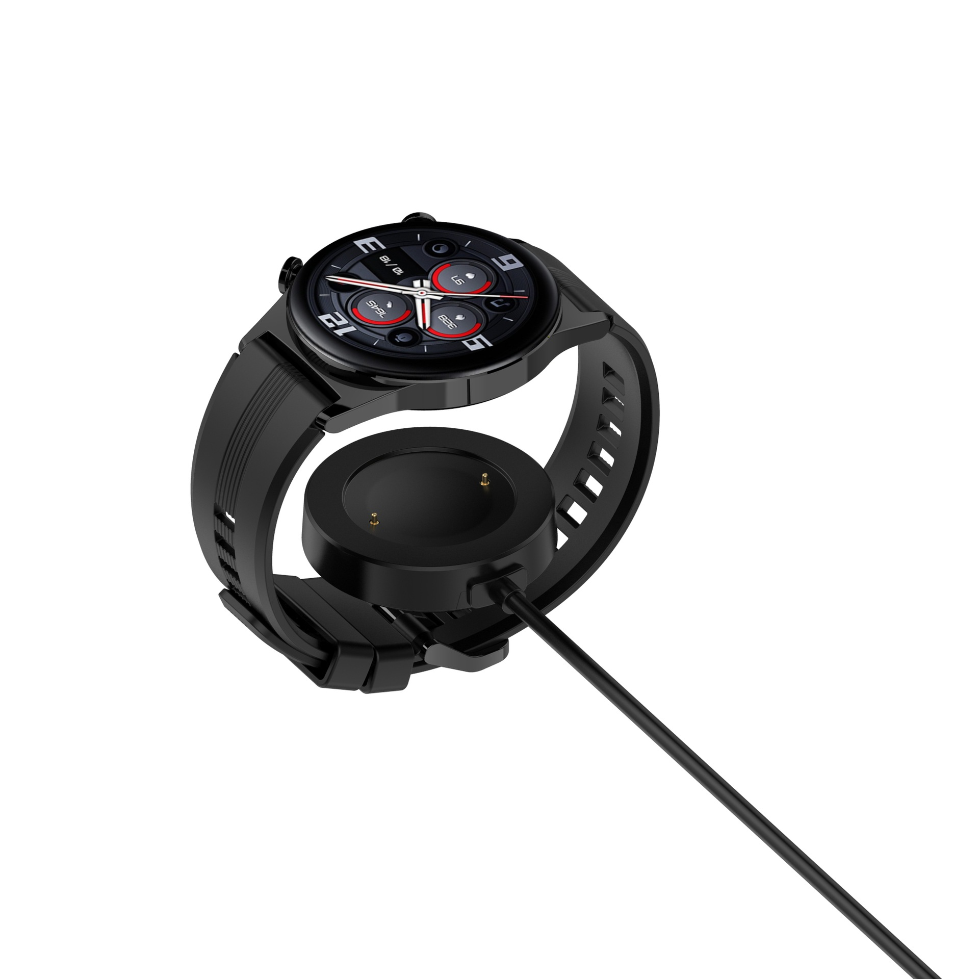 Schwarze Smartwatch wird auf einem Ladegerät geladen.