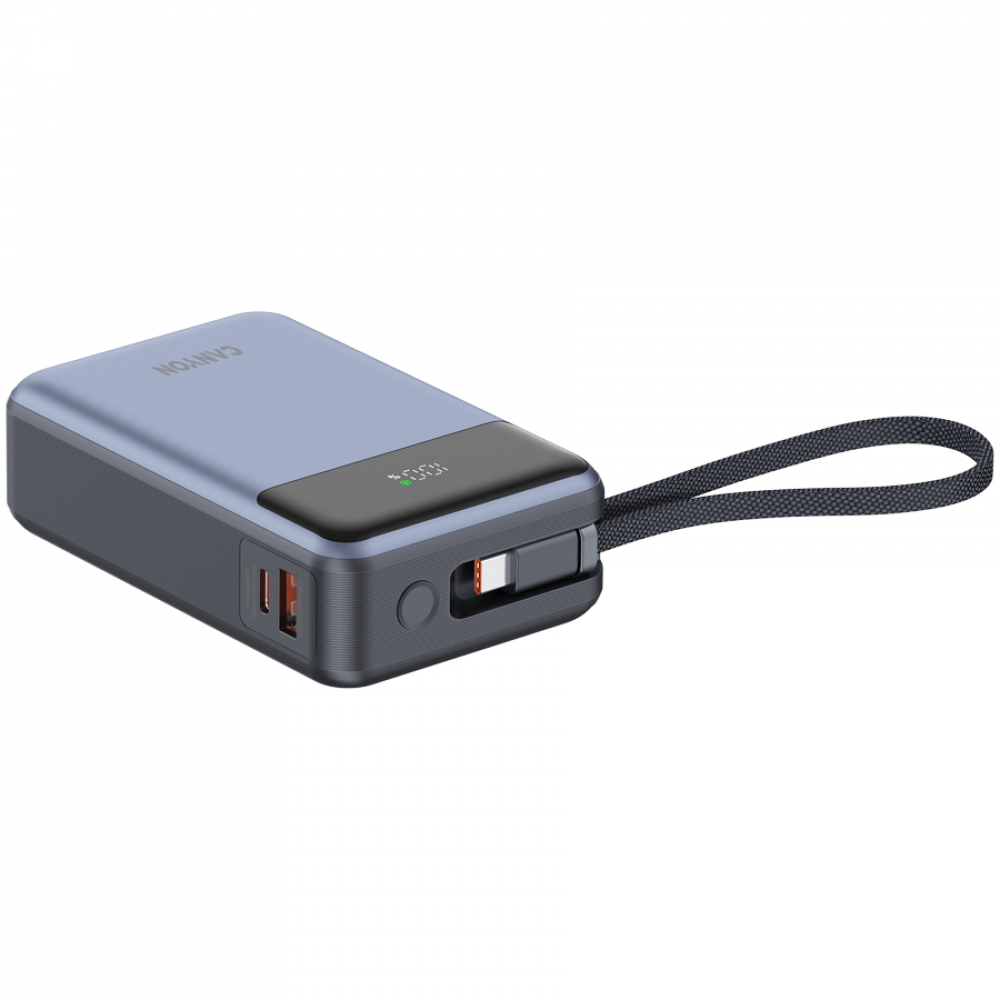 Niebieski power bank Canyon z dwoma portami USB, wyświetlaczem cyfrowym i smyczą.