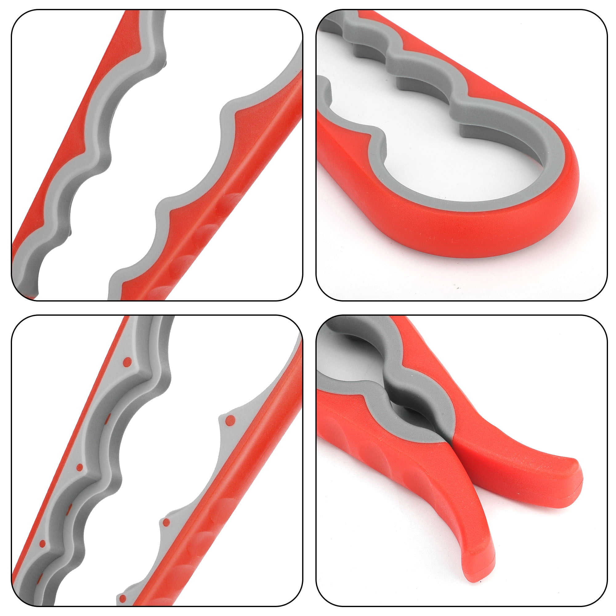 Rot-grauer Flaschenöffner mit ergonomischen Griffen in Nahaufnahme.