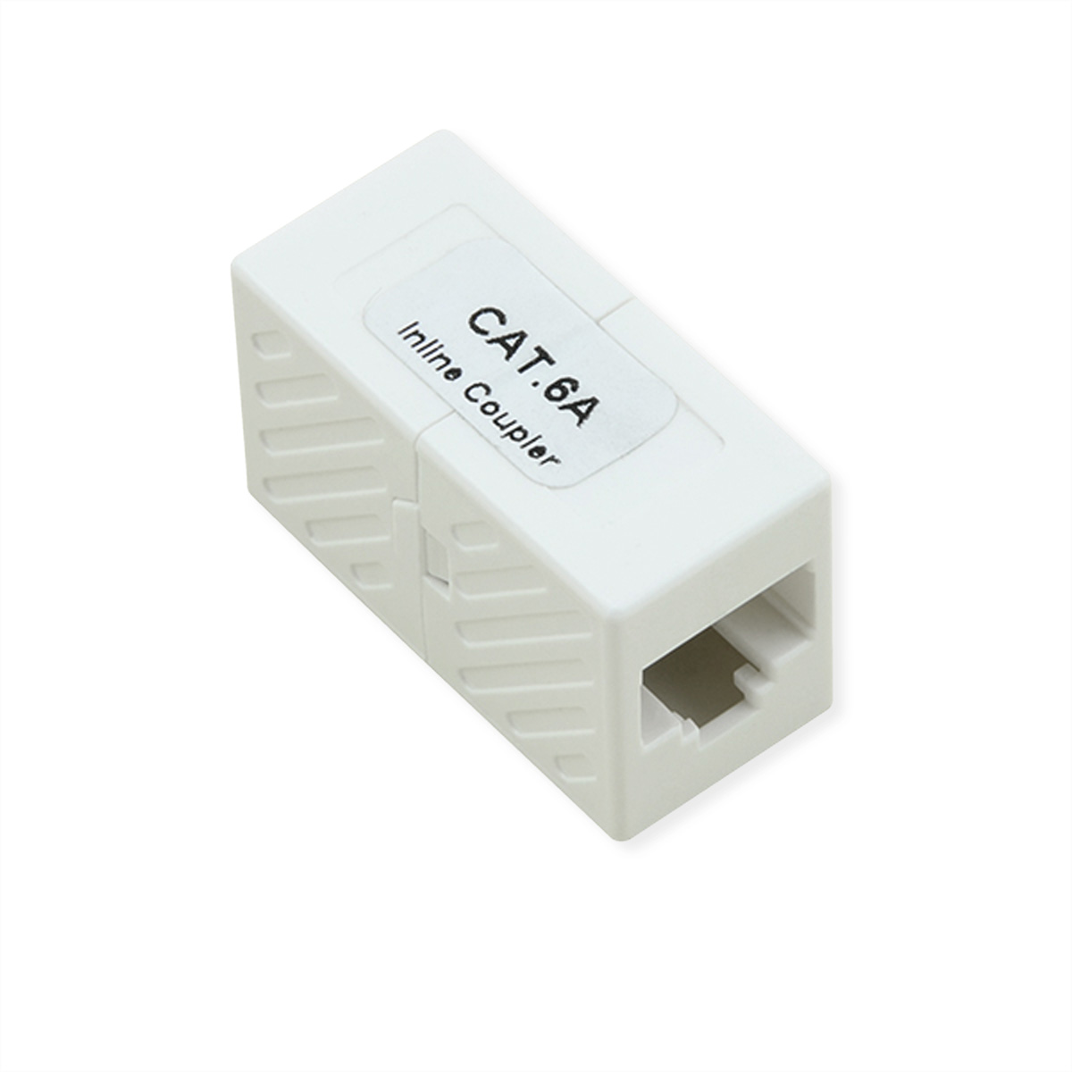 Ein weißer CAT.6A Inline-Koppler mit RJ45-Anschlüssen.