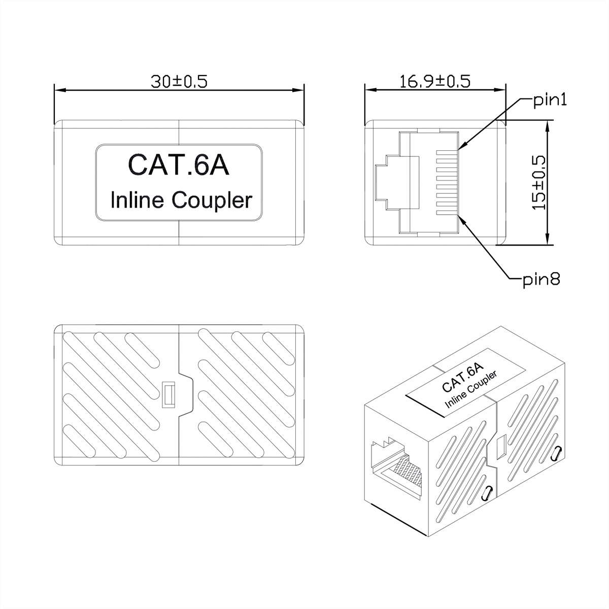 Technische Zeichnung eines CAT.6A Inline-Kopplers mit Maßen und Pinbezeichnungen.