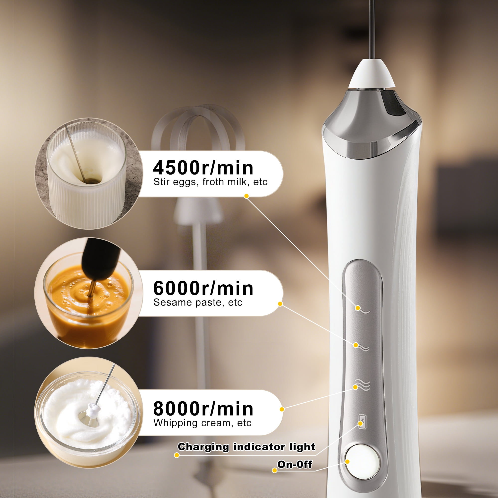 Ein weißer Handmixer mit Aufsätzen zum Rühren von Eiern, Sesampaste und Schlagsahne.