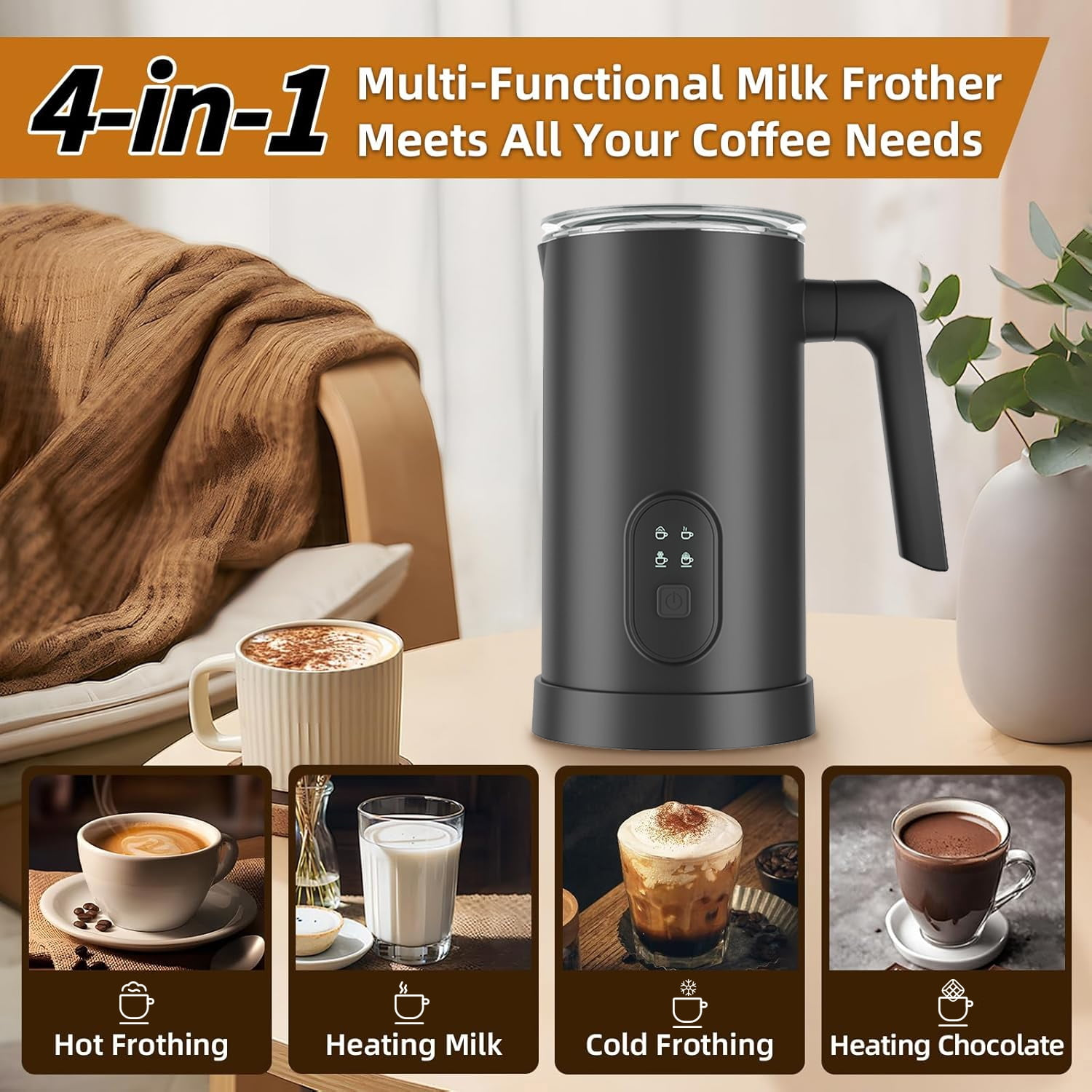 Ein schwarzer Milchaufschäumer mit vier Funktionen, der Kaffeezubereitung zeigt.