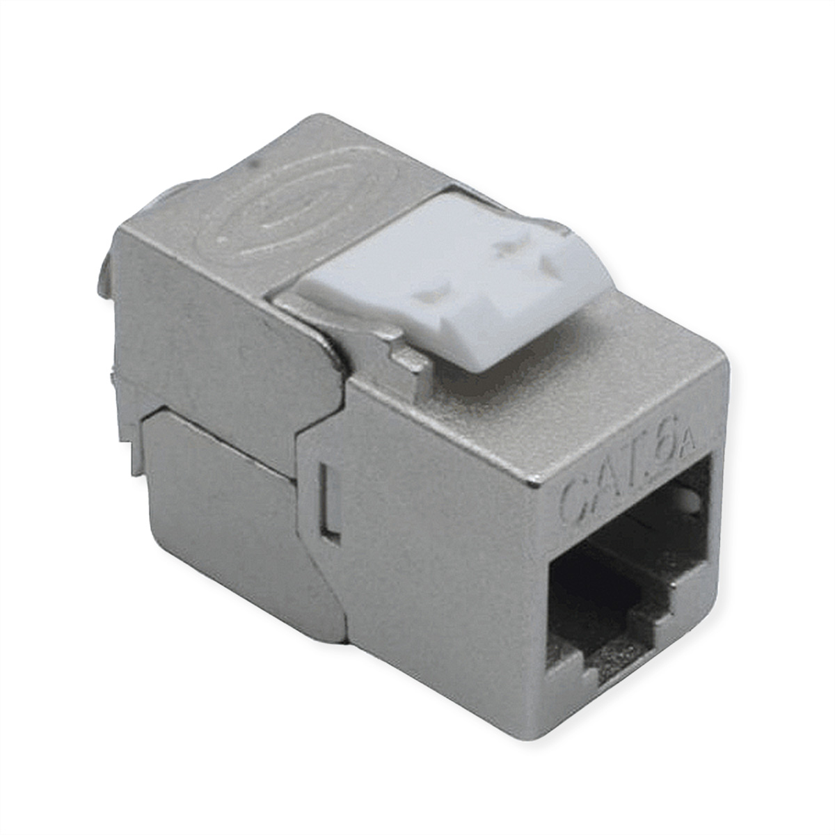 Een zilveren Cat6a keystone connector met witte hendel.