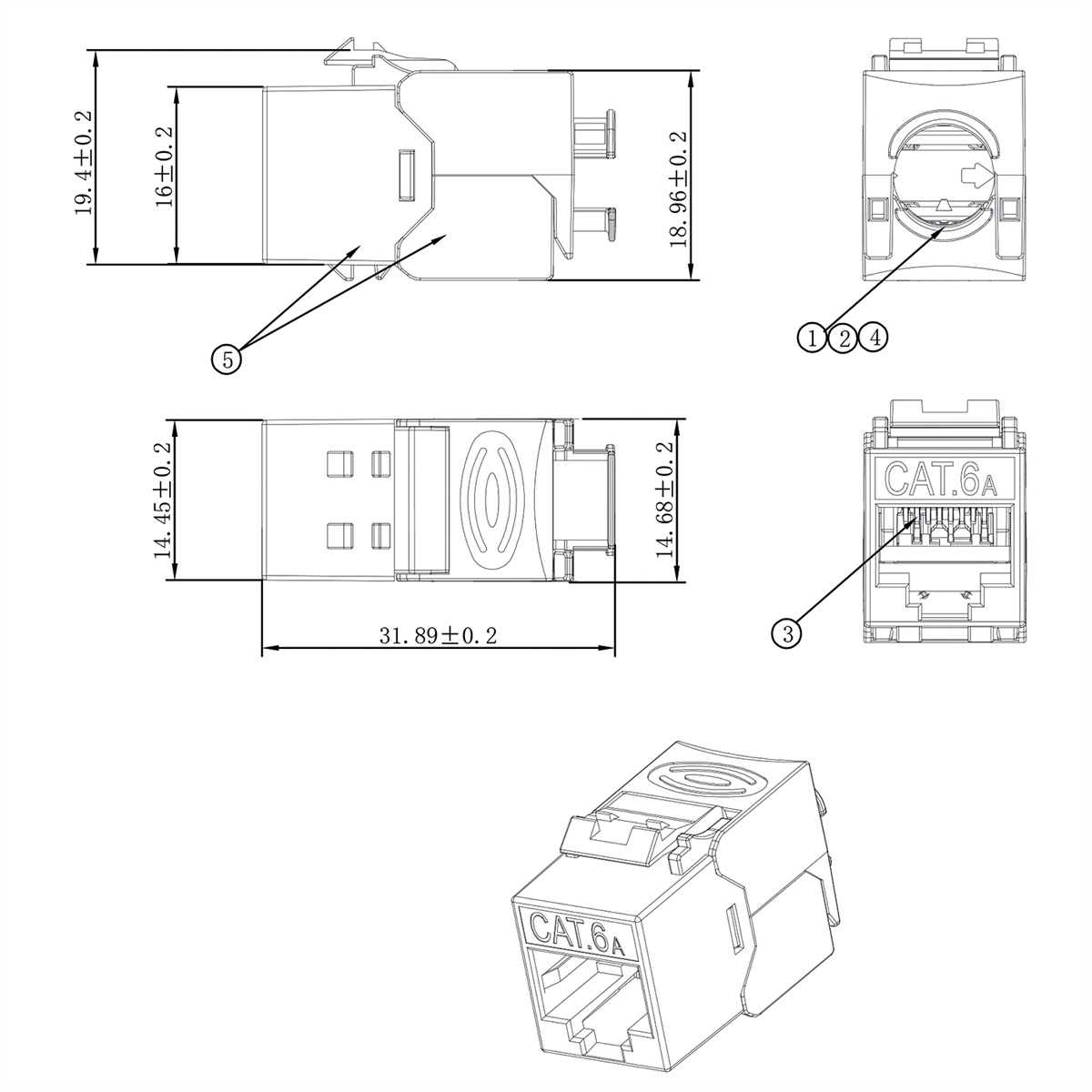 Technische tekening van een CAT.6A keystone module met afmetingen.