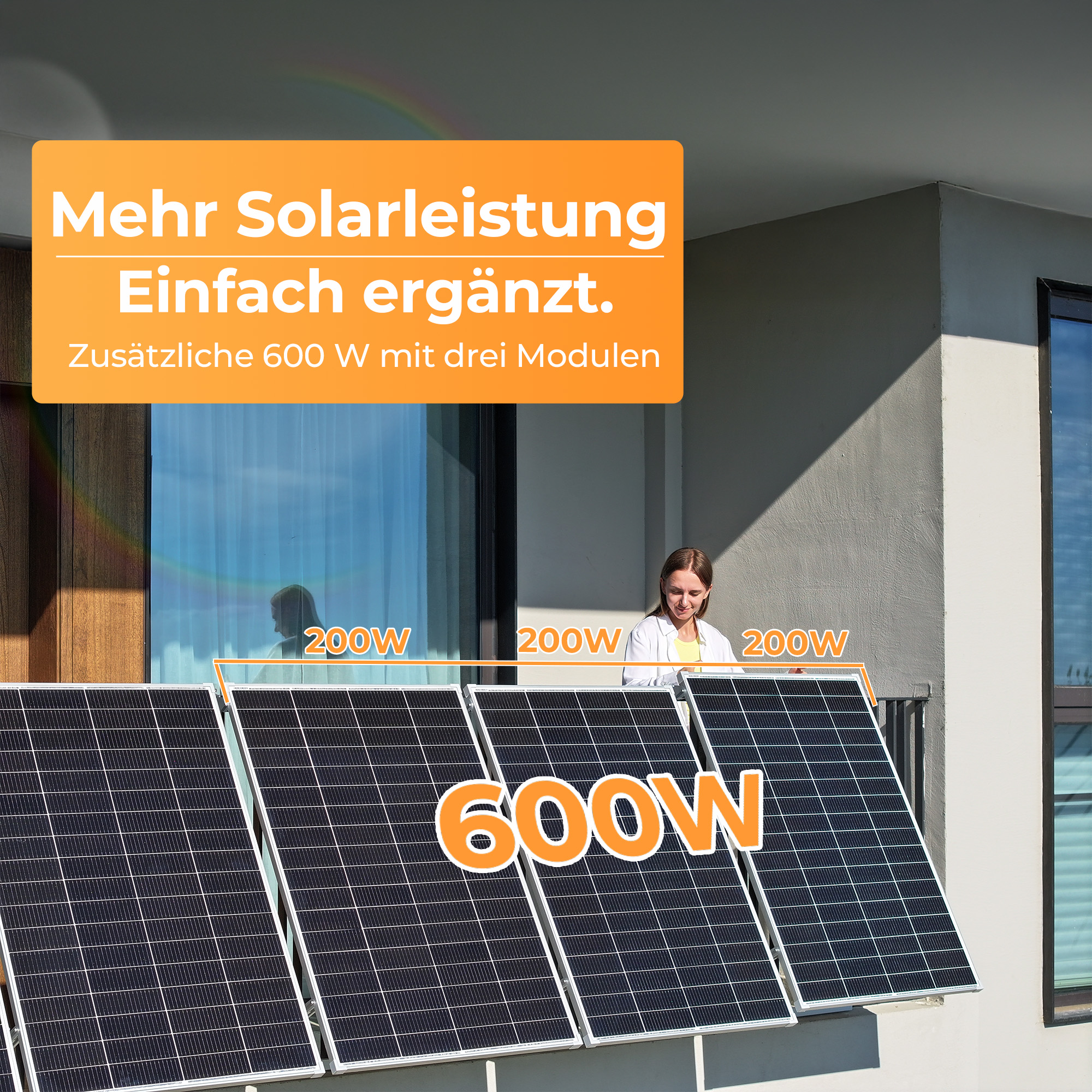 Drei Solarmodule mit 200W Leistung ergeben 600W insgesamt.