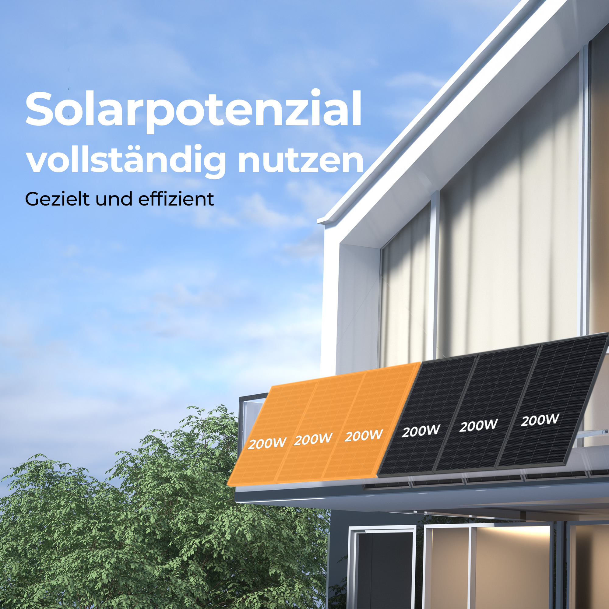 Solarpanels auf einem modernen Hausdach, einige orange, einige schwarz.