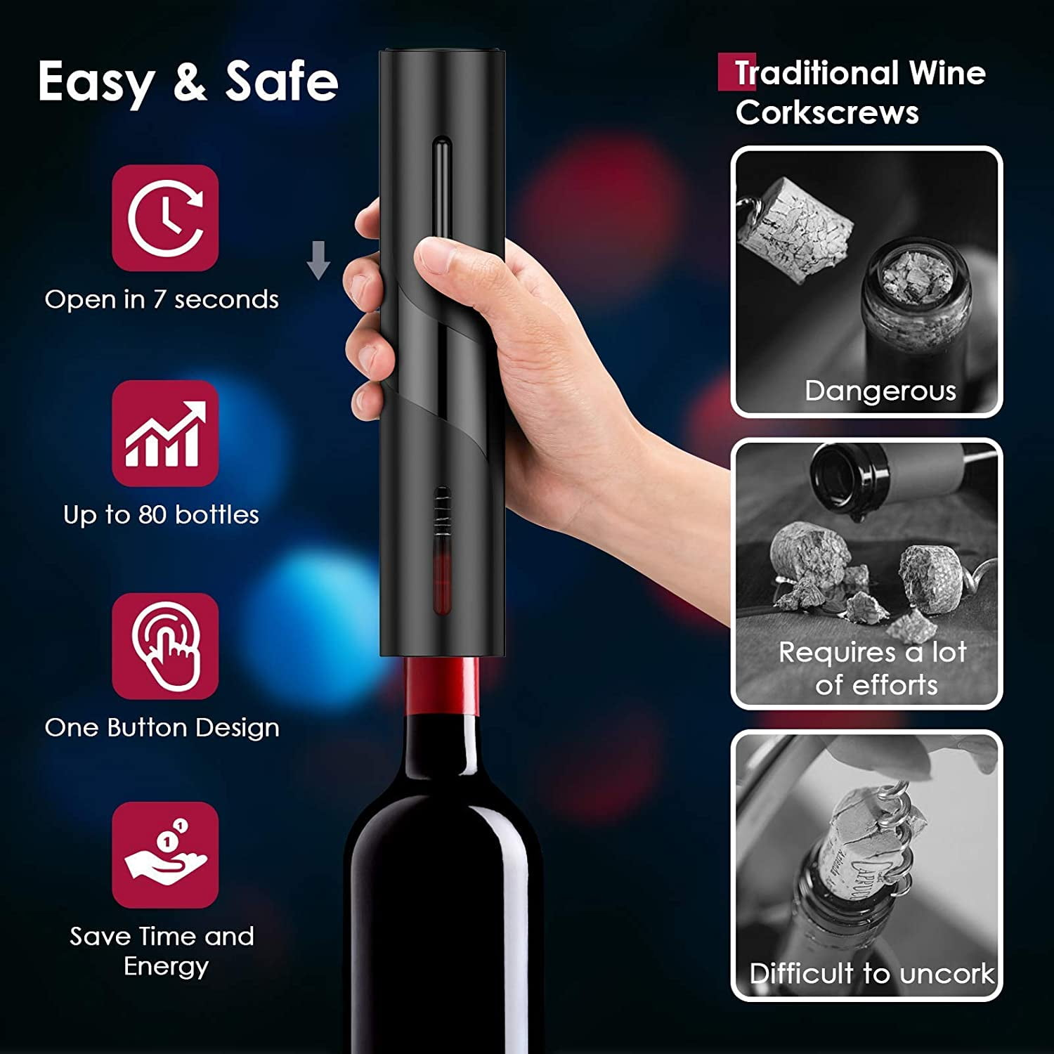 Elektrischer Korkenzieher öffnet Wein schnell. Merkmale: 7s öffnen, 80 Flaschen, ein Knopf.