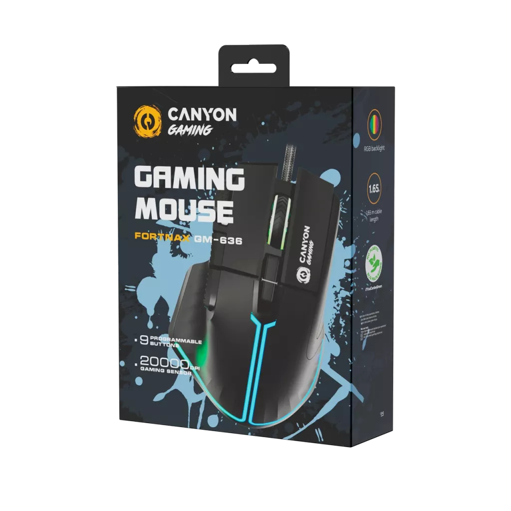 Opakowanie czarnej myszy gamingowej Canyon z niebieskimi akcentami i podświetleniem RGB.