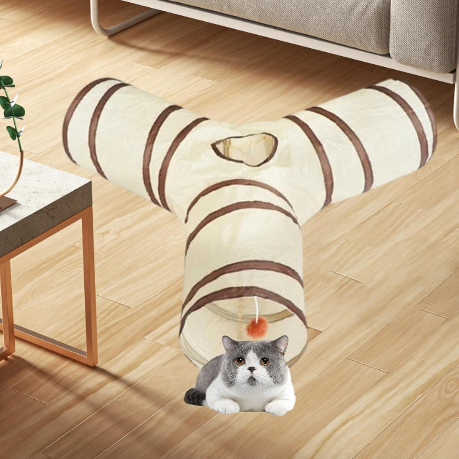 Un gatto tigrato giace davanti a un tunnel a forma di Y color crema con strisce marroni.