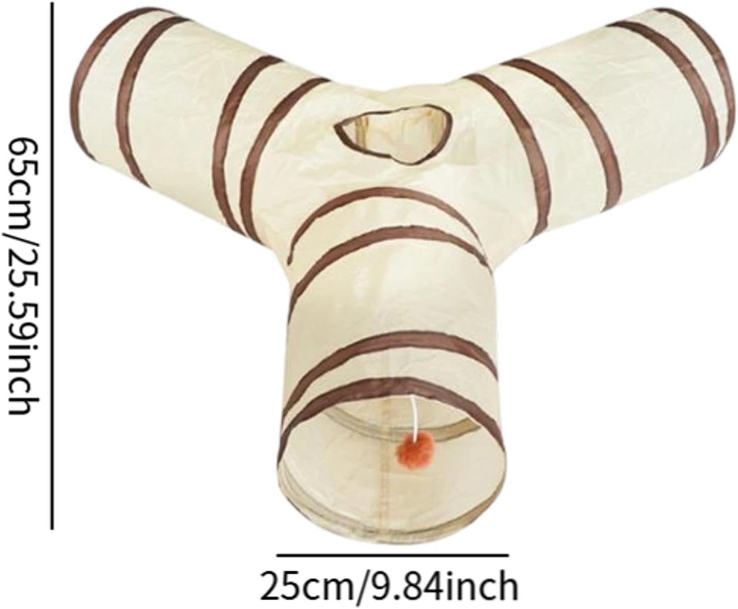 Un tunnel per gatti a forma di Y, color crema, con strisce marroni e una pallina giocattolo.