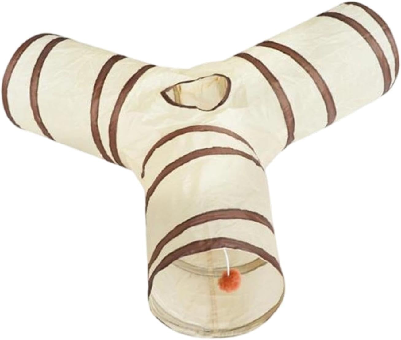 Un tunnel per animali a forma di Y in tessuto beige a righe marroni con un giocattolo.