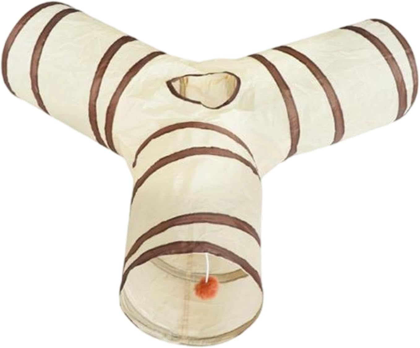 Un tunnel per animali a forma di Y, color crema con strisce marroni e una pallina giocattolo.