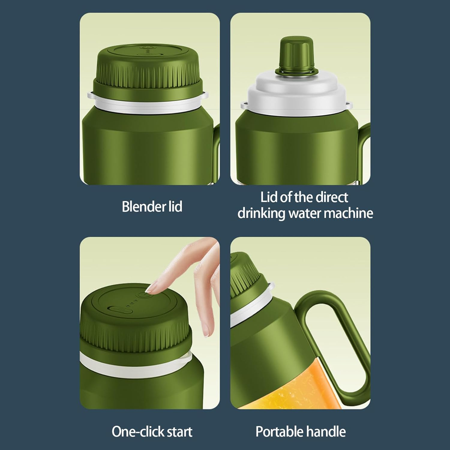 Grüne Trinkflasche mit Deckel, Griff und Startknopf.