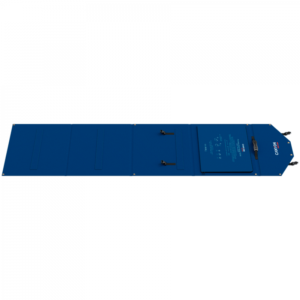 Niebieski, składany panel słoneczny z dwoma pętlami mocującymi i etykietą.