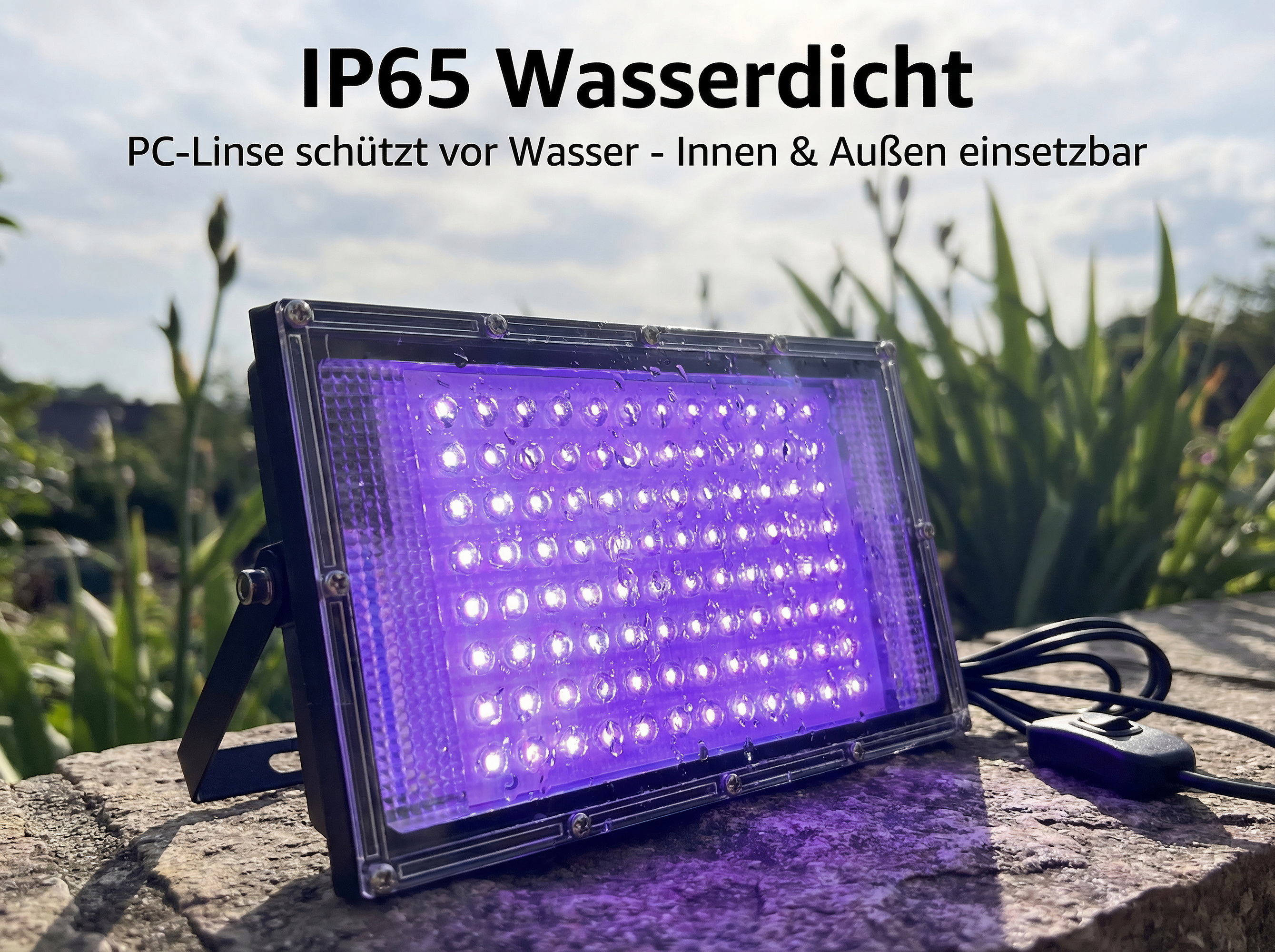 Ein UV-Flutlicht mit lila LEDs, das im Freien auf einer Steinmauer steht.