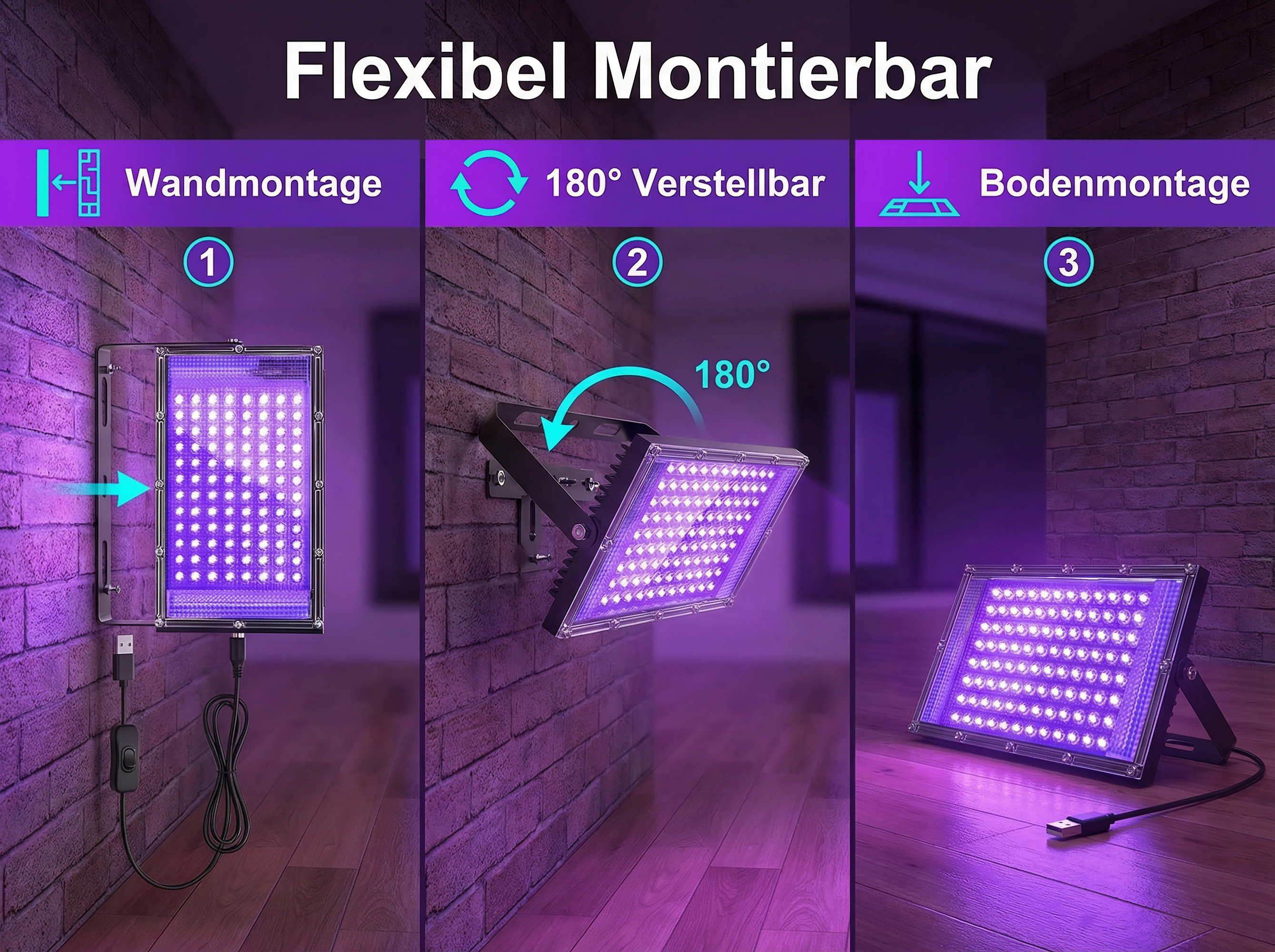 Ein lila LED-Strahler wird an Wand, mit 180° verstellbar und auf dem Boden montiert.