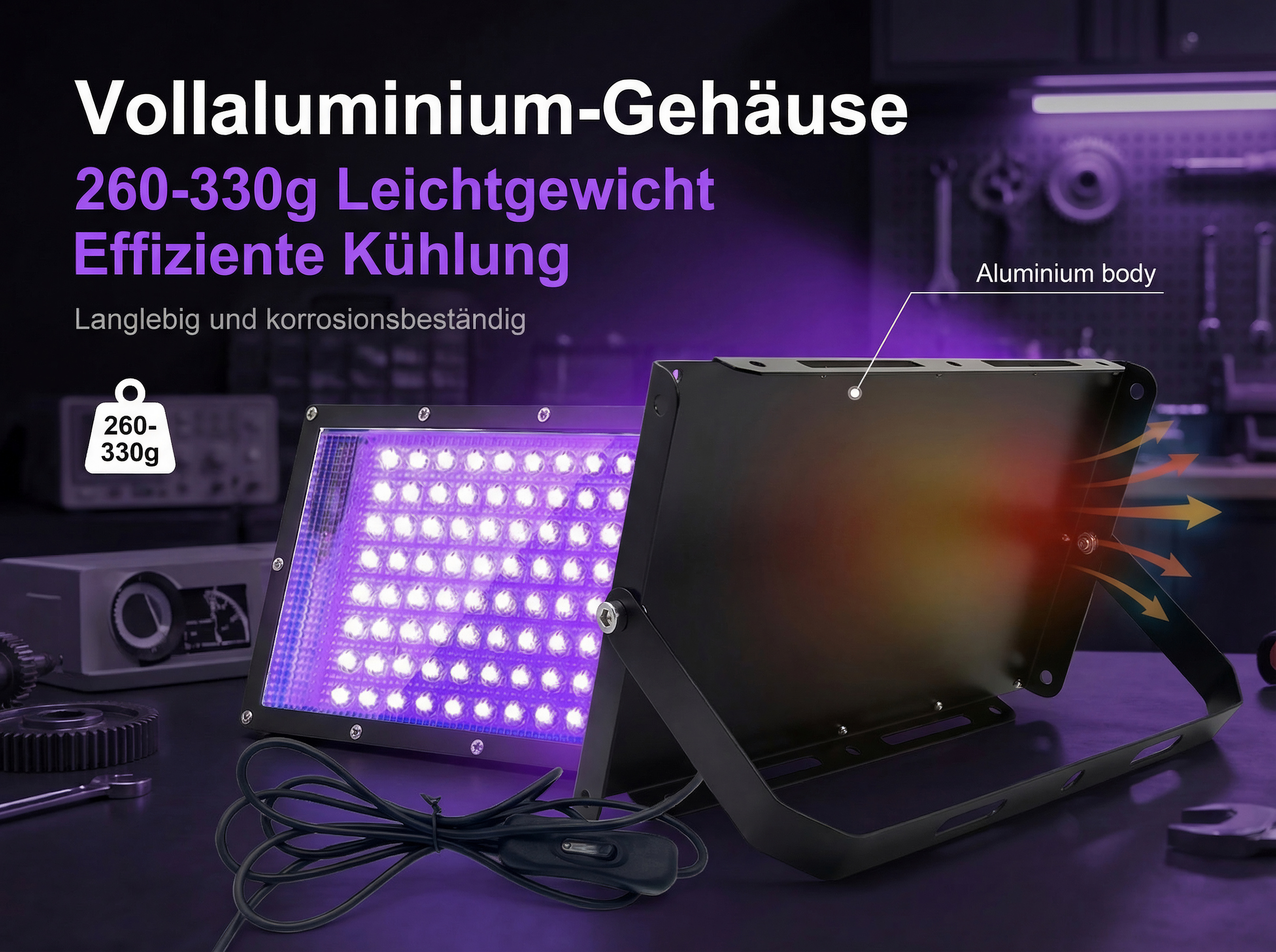 Ein schwarzer Aluminium-Strahler mit UV-LEDs steht auf einem Tisch neben Werkzeugen.
