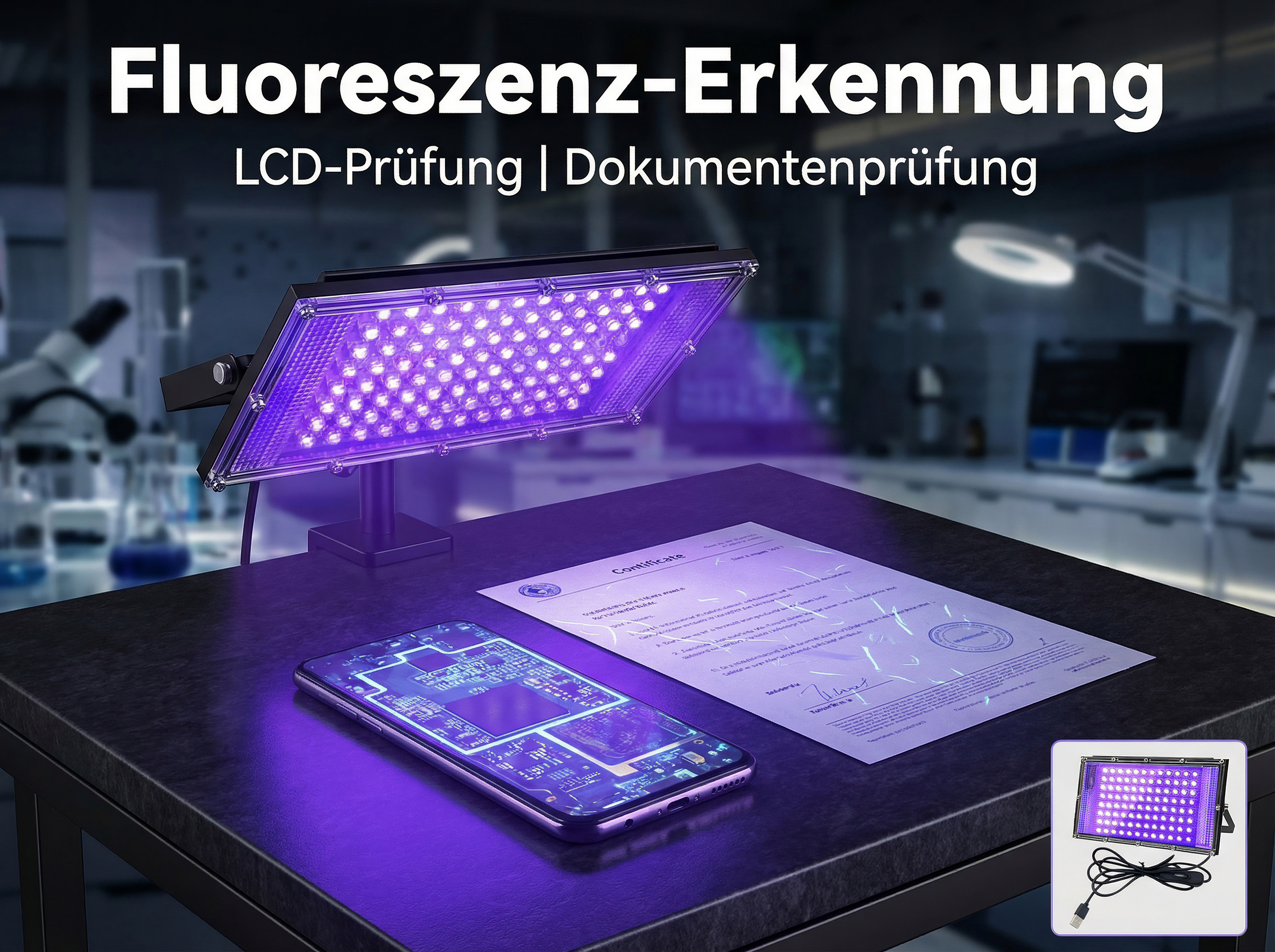 UV-Lampe leuchtet auf Handy & Zertifikat in Labor.