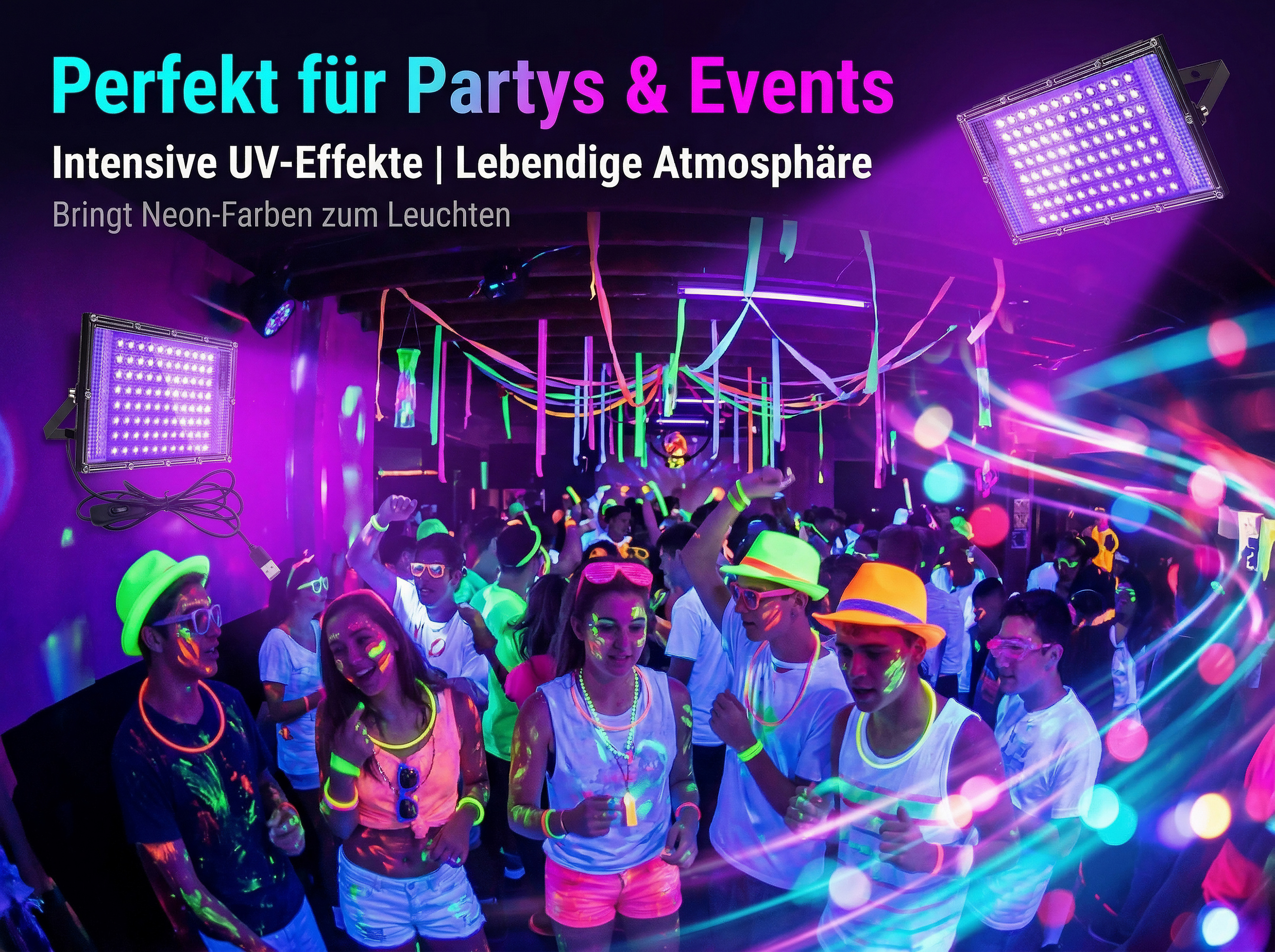 Leute feiern unter UV-Licht mit leuchtender Neonfarbe und bunten Dekorationen.