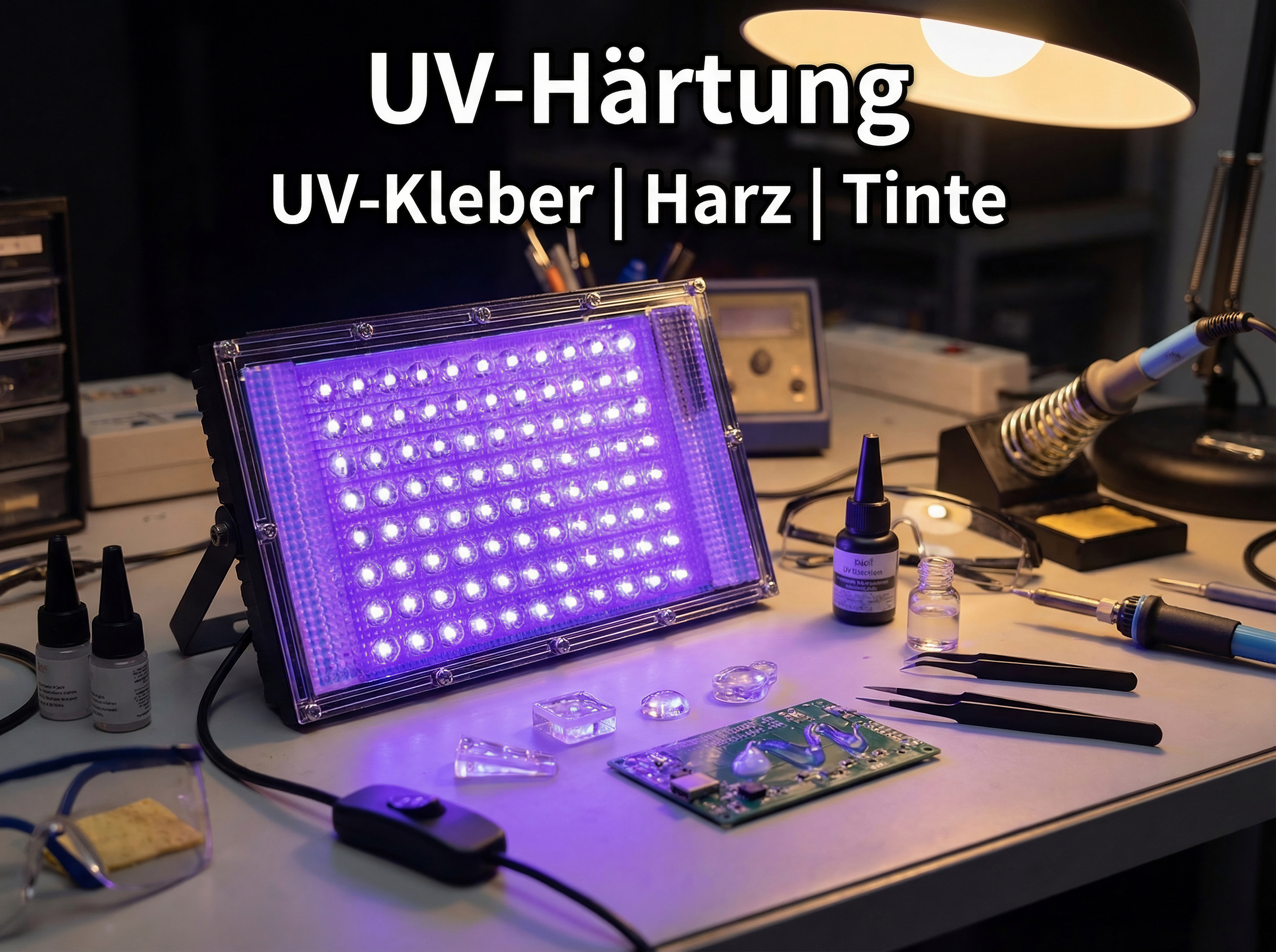 UV-Härtungsstation mit LEDs, Kleber, Platine und Werkzeugen.