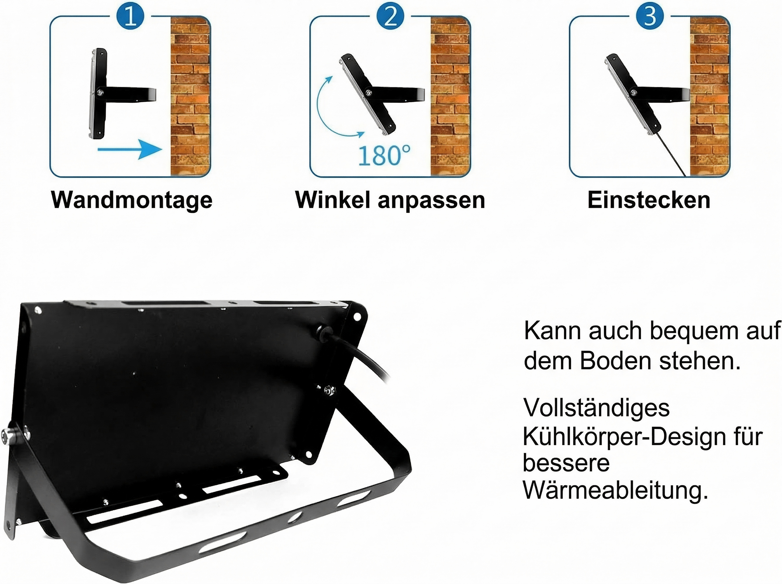 Illustrationen zeigen Montage, Winkel und Einstecken eines Flutlichts.