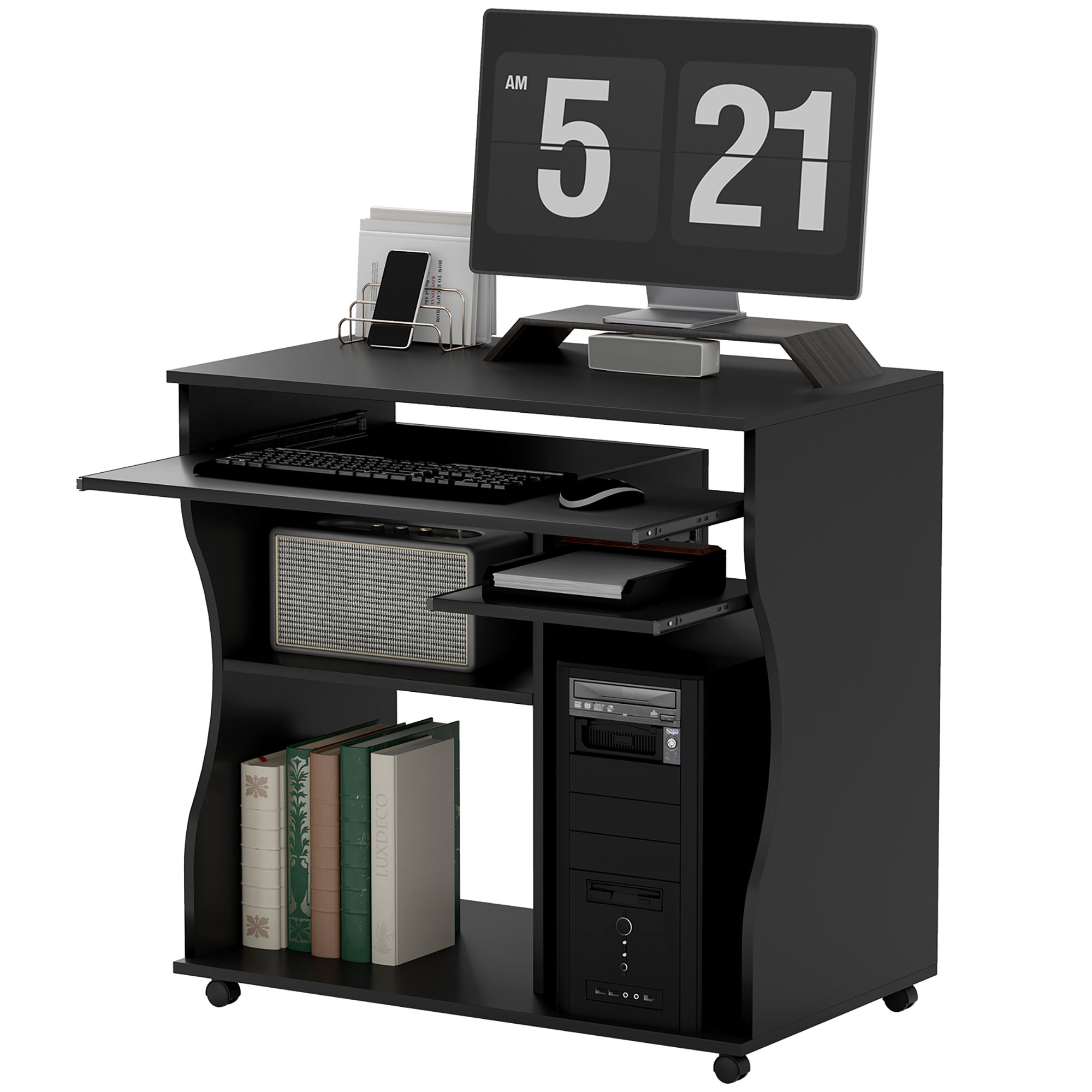 Ein schwarzer Computertisch mit Monitor, Tastatur, PC-Gehäuse und Büchern.