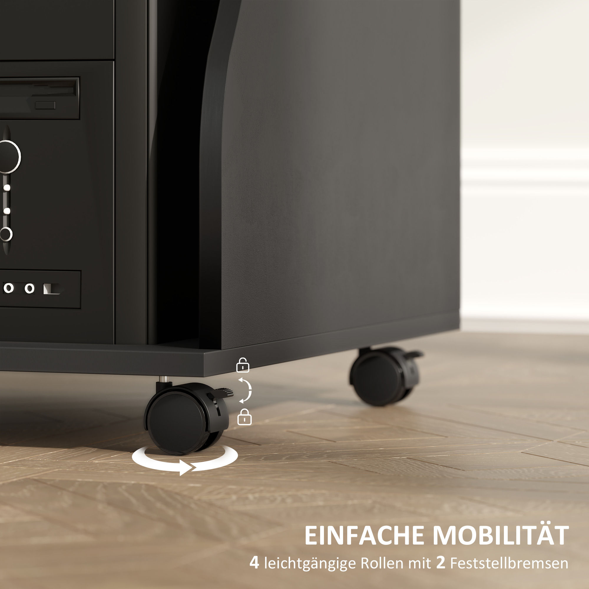 Schwarzer PC-Tower auf Rollen mit Verriegelungsmechanismus auf Holzboden.