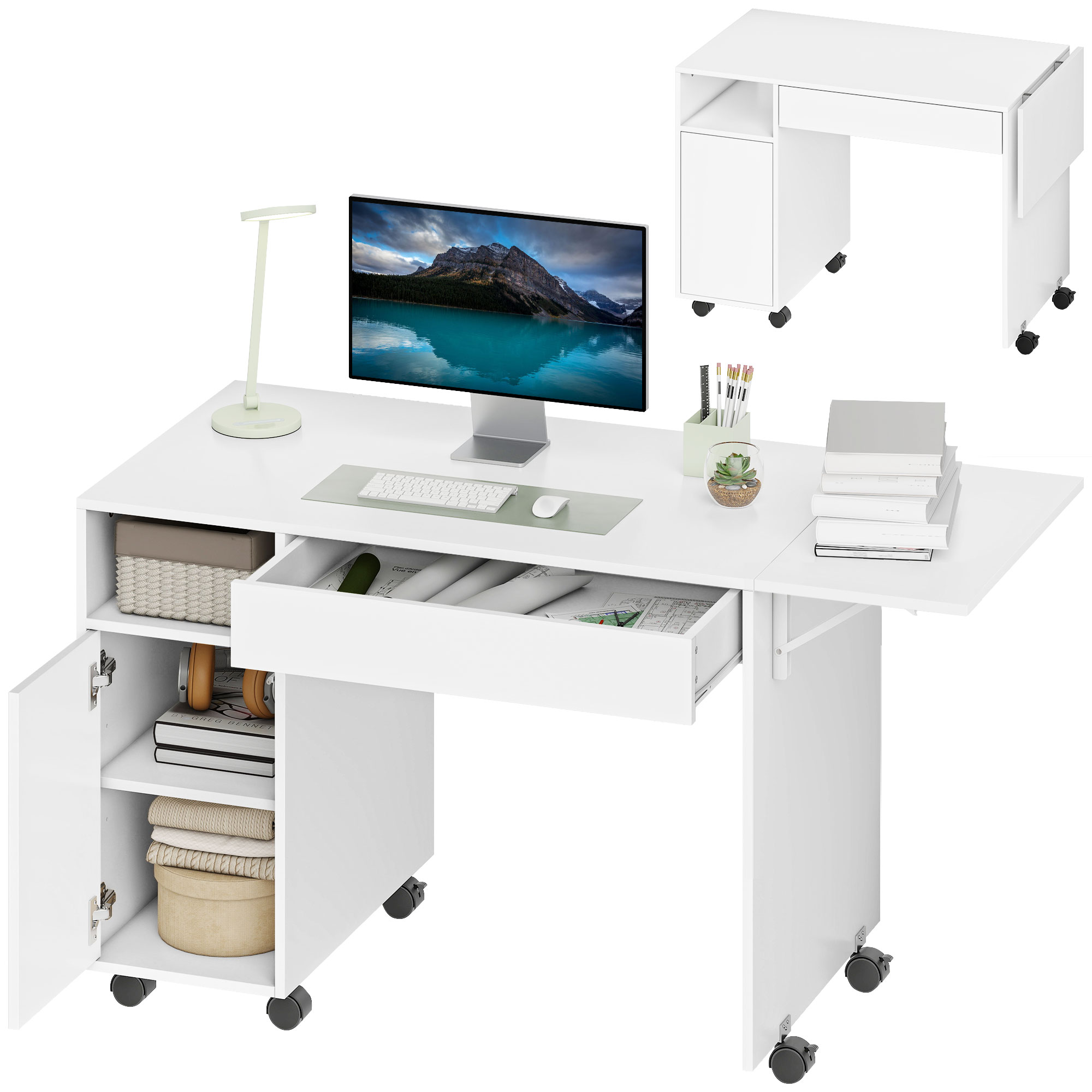 Weißer Schreibtisch auf Rollen mit Monitor, Lampe, Tastatur, Maus und Büromaterial.