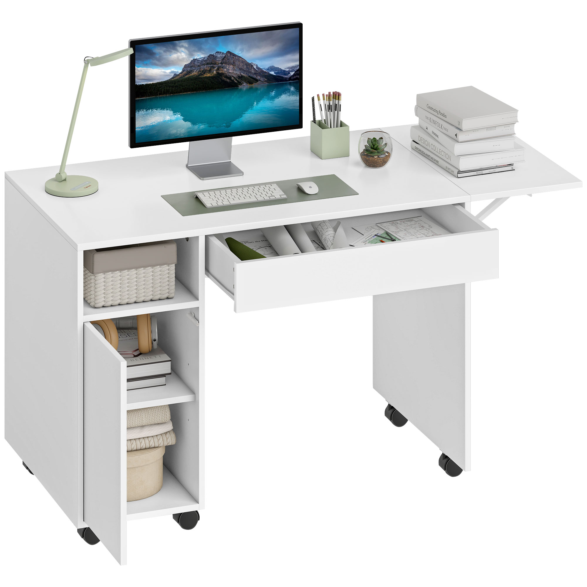 Weißer Schreibtisch mit Monitor, Lampe, Büchern und Ablagefächern. Eine Schublade ist geöffnet und zeigt Papiere.
