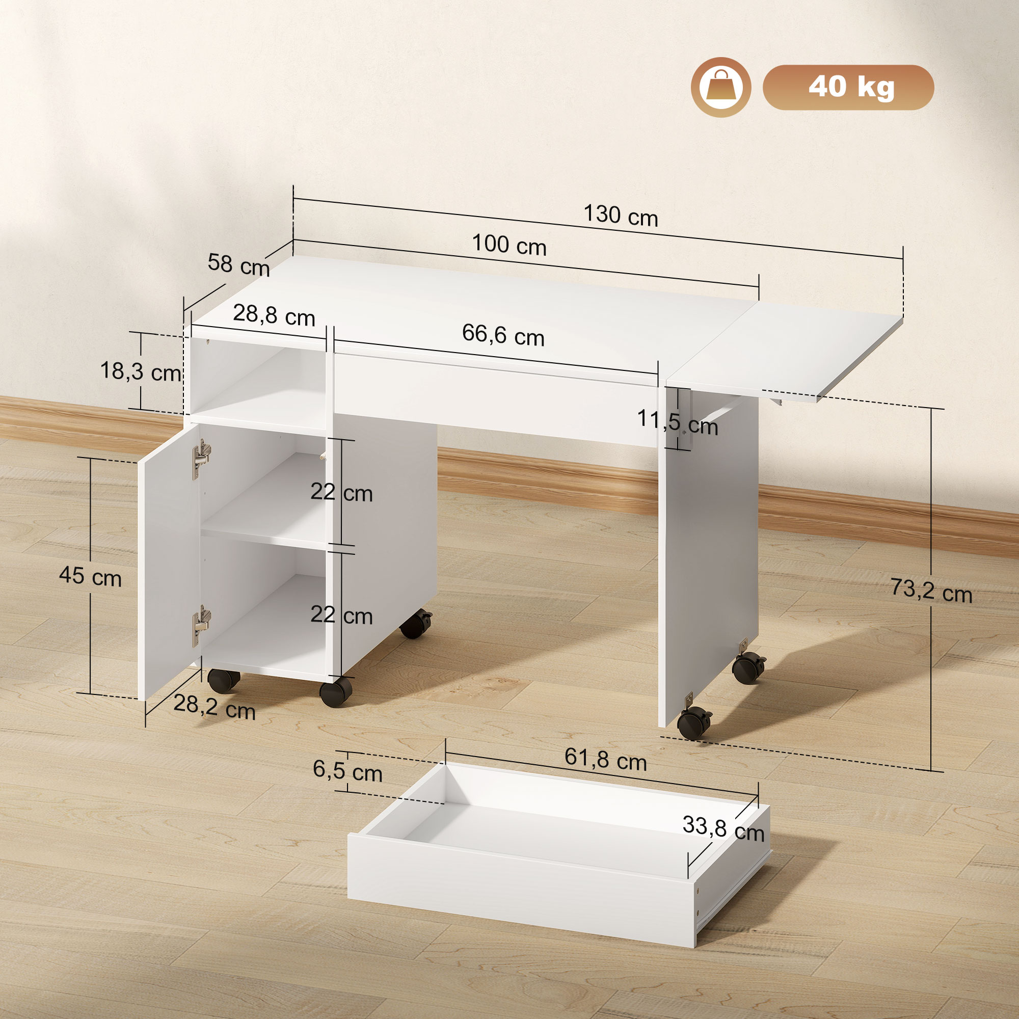 Ein weißer, klappbarer Holzschreibtisch mit Rollen und Stauraum, mit Maßen für jedes Teil, auf hellem Holzboden.